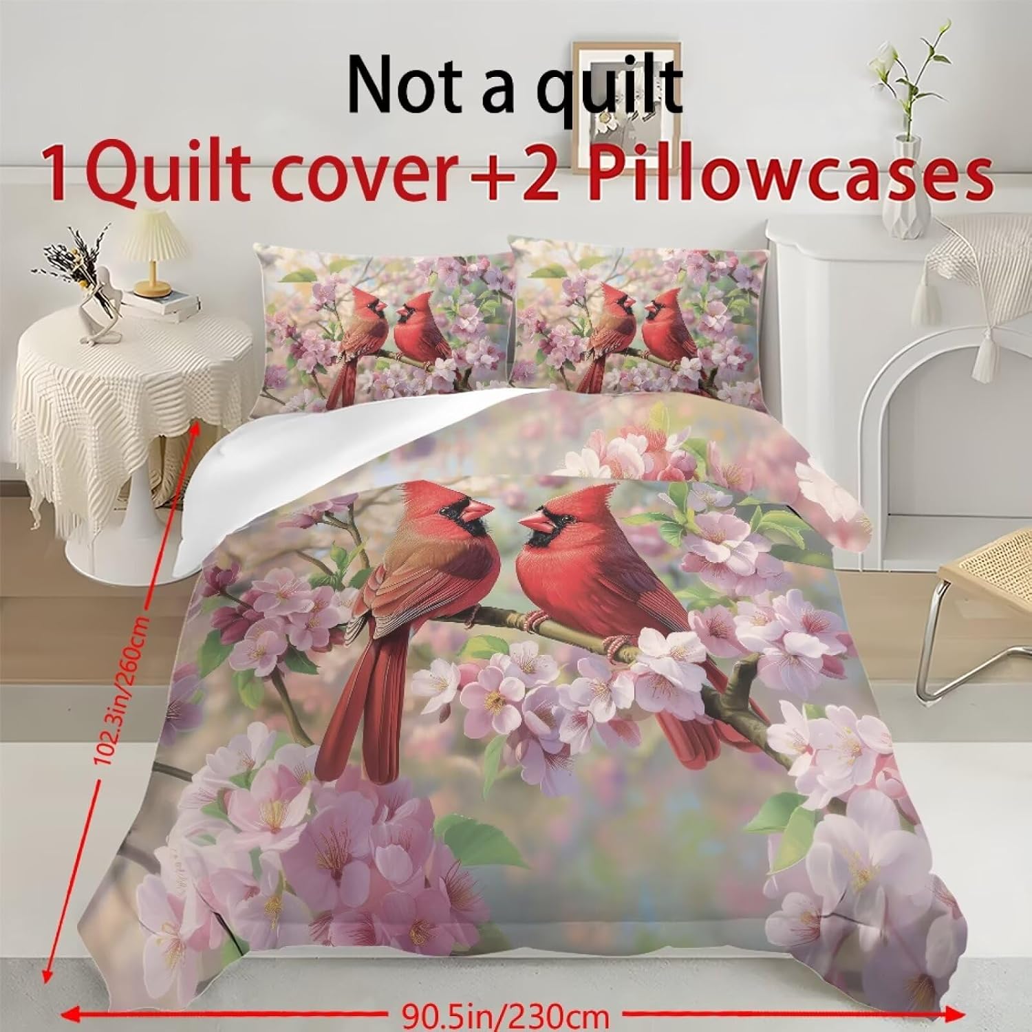 3-Piece King Size Duvet Cover Set, Soft Bedding Set with Cardinal Cherry Blossom Print, 1 Duvet Cover and 2 Pillowcases, Zipper Closure, Comfy All-Season Bedroom Bed Linens