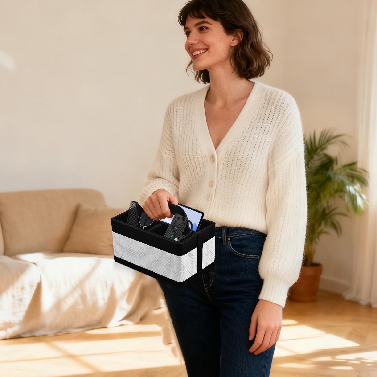 RHCSZ Desk Organizer Caddy with Handle-Portable PU Leather Remote Control Holder-Nightstand Dresser Tote Storage for Sunglasses Comb Small — view 9