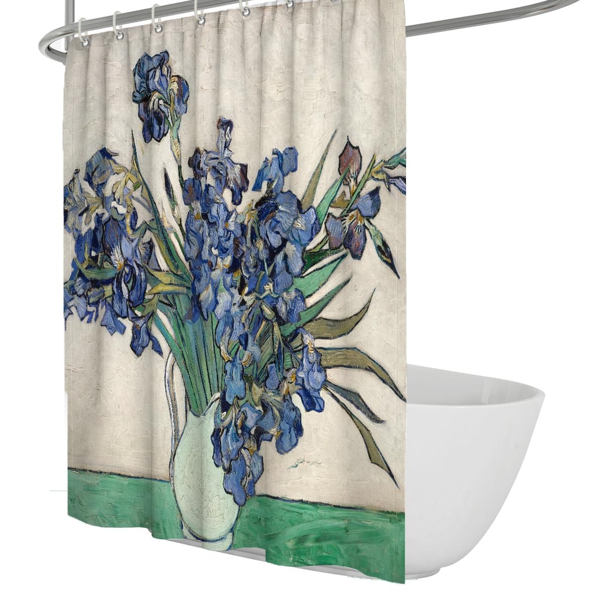 OLLIAR Home Still Life Floral Shower Curtain Vintage Impressionist Iris Flowers Vase Artwork Decor Washable Fabric Shower Curtains for Bathroom Decor 240x180cm