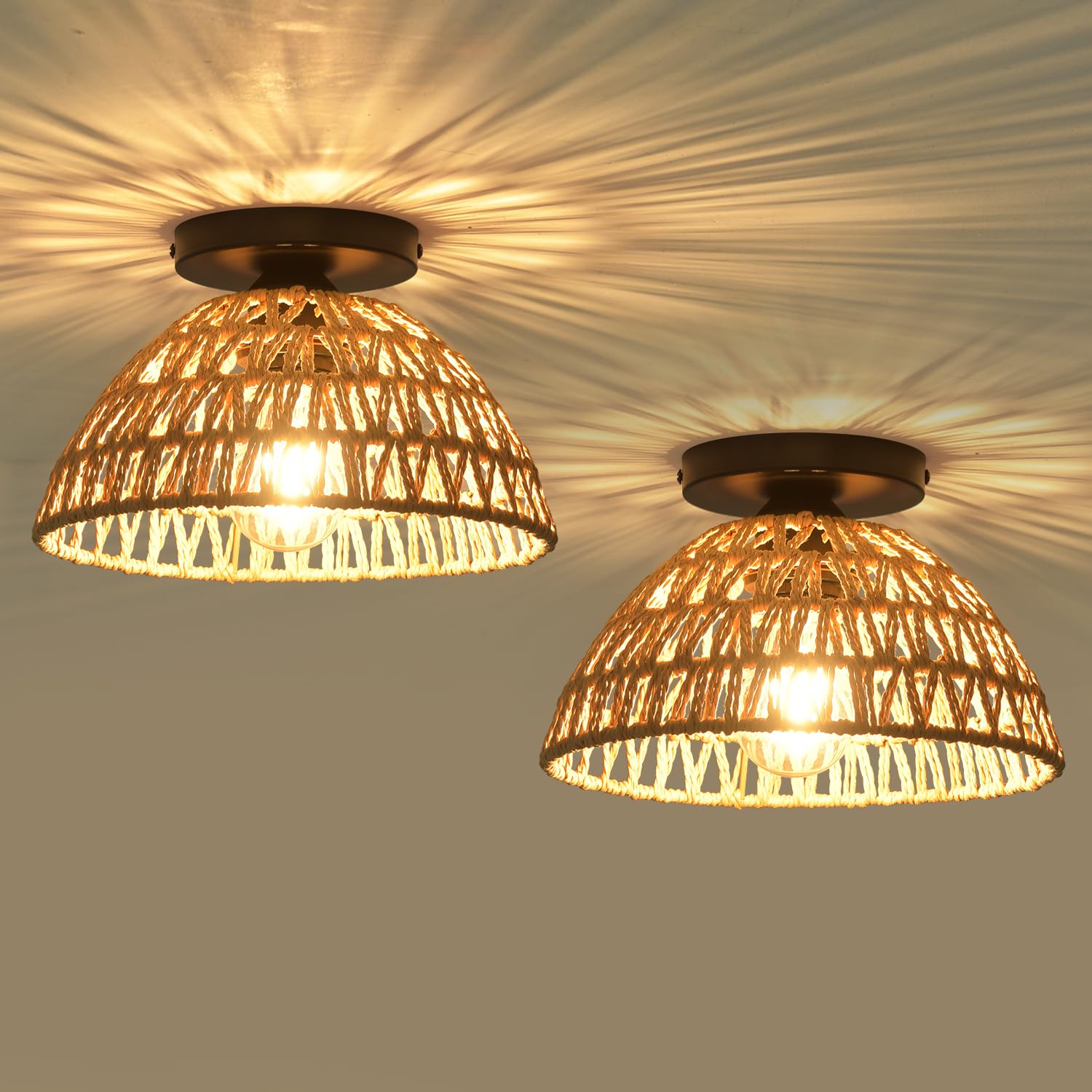 IHENGYANLT 2 Pack 10.2" H Farmhouse Fixtures Ceiling Mount, Brown Rattan Boho Semi Flush Mount Ceiling Light,Hand Woven Hallway Light Fixtures for