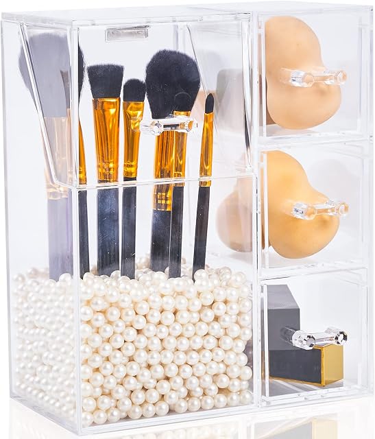 PuTwo Makeup Organizer With 2 Make Up Brush Holders and 3 Drawers All In One Case with Free White Pearl, Makeup Brush Organizer, Makeup Organizer Case, Makeup Brush Case, Makeup Brush Holder With Lid