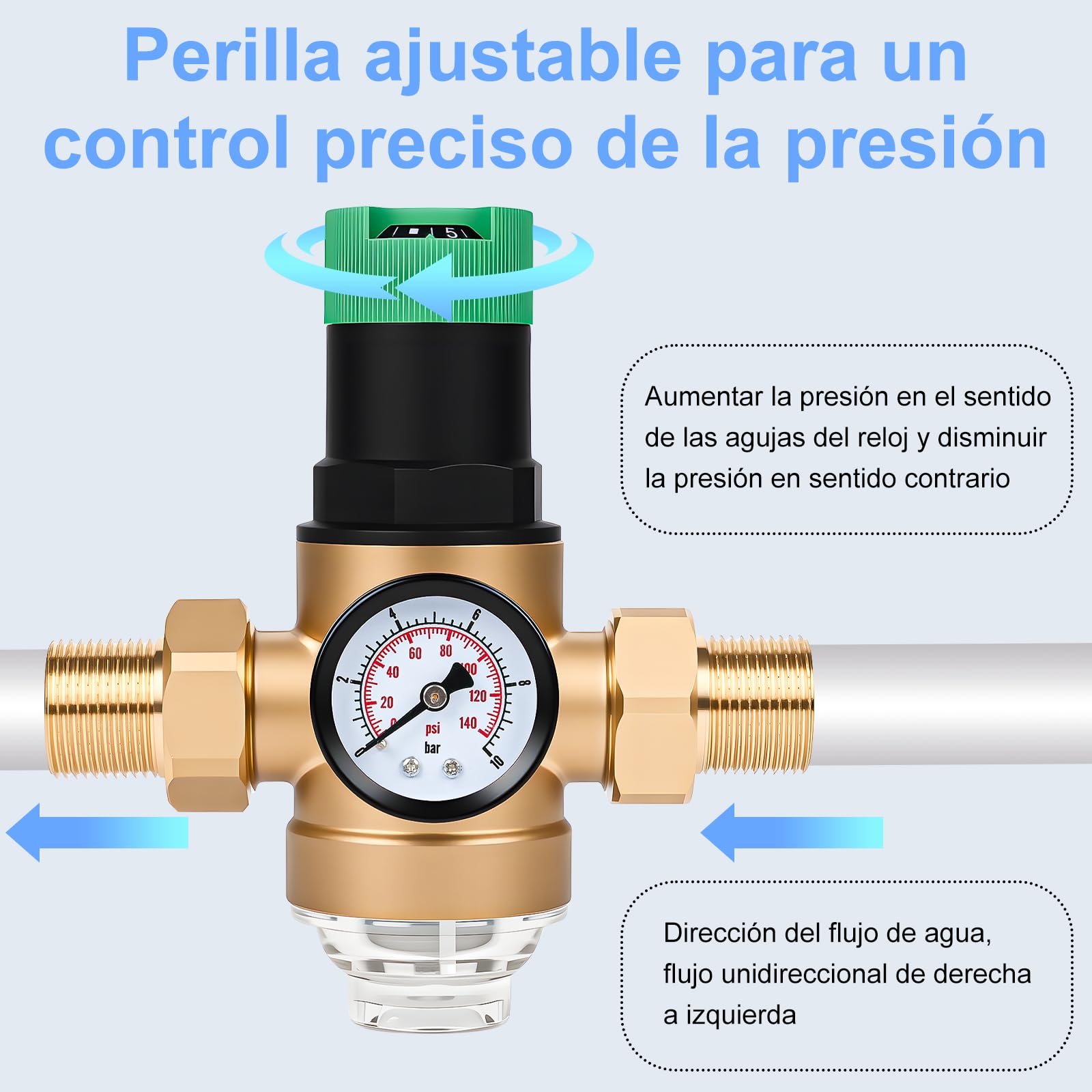 Diealles Shine Reductor de presión de agua 3/4 pulgadas, regulador de presión de agua con manómetro y filtro de malla, reductor de presión regulador de presión de latón para casas, edificios, fábricas