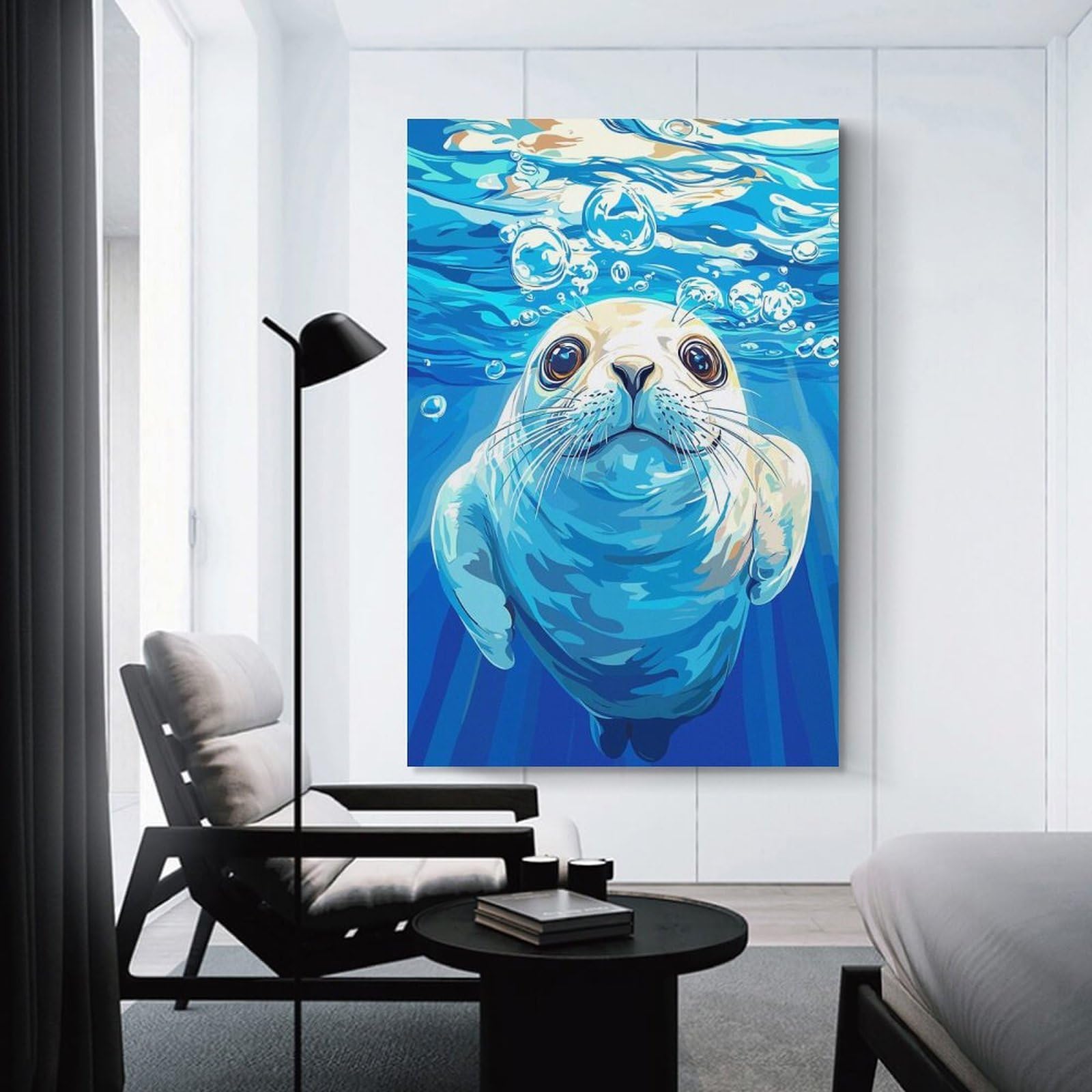 Junmoney Unframe-Style-11 Seal Underwater With Bubbles Illustration Canvas Art Print 24X36inch(60X90cm), For Calm Bedrooms, Home Corners Or Flats, An Easy Wall Refresh For Bedrooms