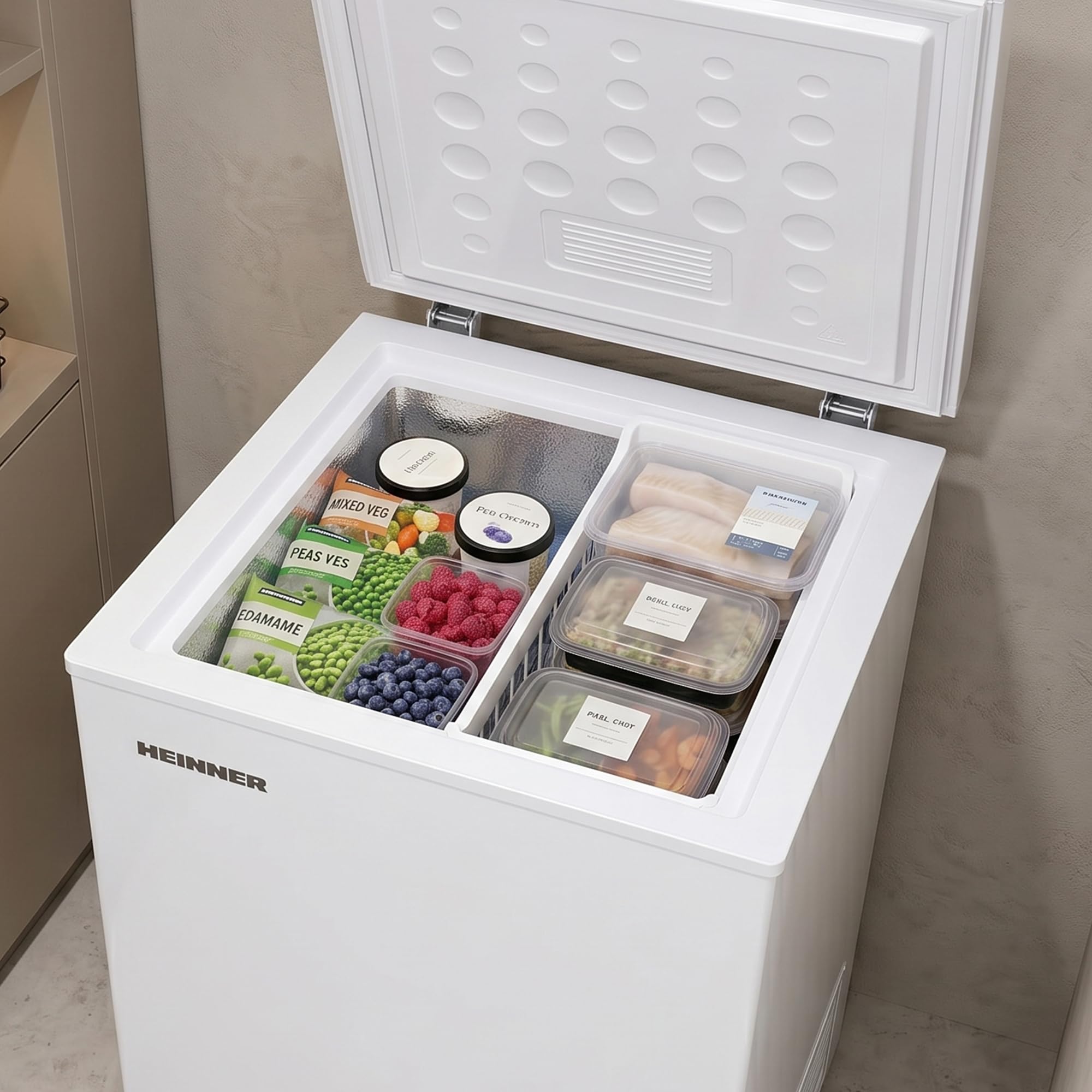 HCF-HM100CE++ Tisch Gefrierschrank 100 L, leiser Betrieb, Energieklasse E, flexible linke/rechte Tür, Weiß, energiesparend, kompakt – Inklusive 5‑Jahres‑Garantie