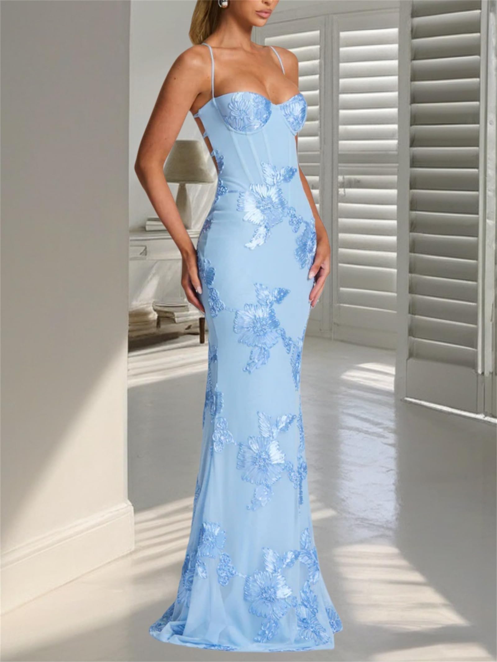 Vestido largo entallado de malla floral para mujer, elegante, largo, con tirantes delgados, halter, con cordones, vestido de noche, cóctel, baile de graduación