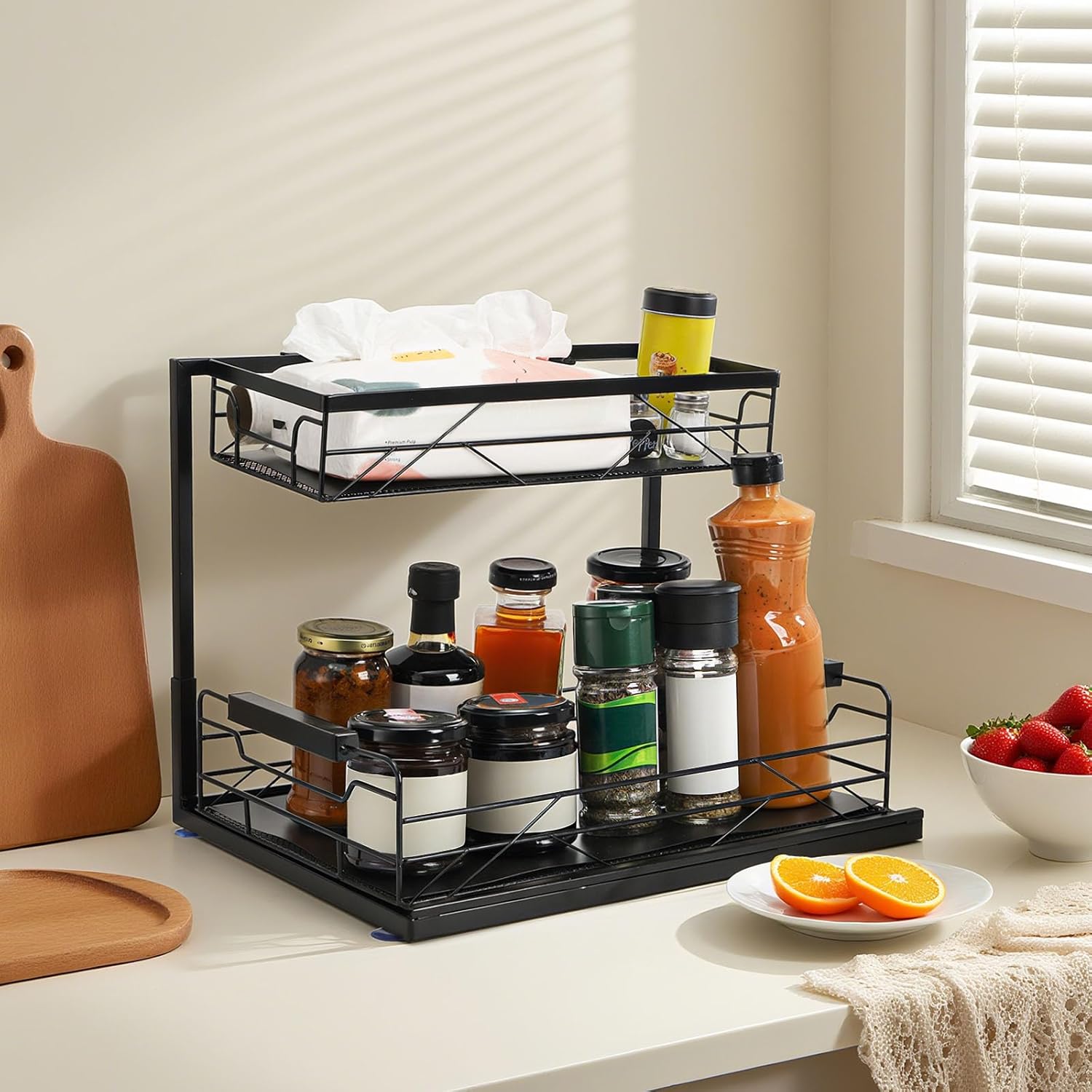 Pull Out Under Sink Organizer, 2 Tier Under Sink Storage with Suction Cups, PVC Mat, Sliding Drawer, Metal Cleaning Supplies Shelf Cabinet Organizer for Kitchen, Laundry, Pantry, Bathroom - Image 8