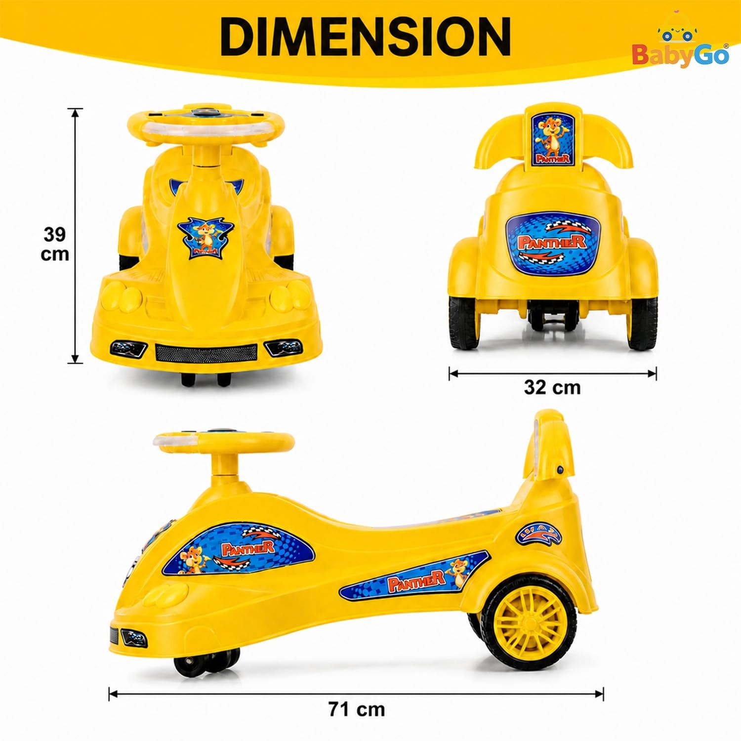 BabyGo Baby Panther Swing Magic Car Ride On Toy for Kids with Comfortable Seat & Durable Wheels | Push Ride On Twister Swing Car | Indoor Outdoor Fun Ride On Car for Boys & Girls Age 2+ (Yellow) 3