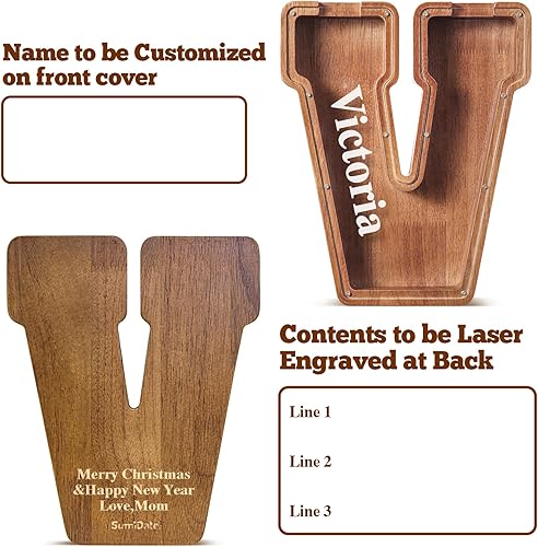 Miniatura 474 de SummiDate Alcancía de madera con nombre, niños y niñas, tamaño grande, letras alfabeto A-Z, monedas y billetes, inicial en cubierta transparente