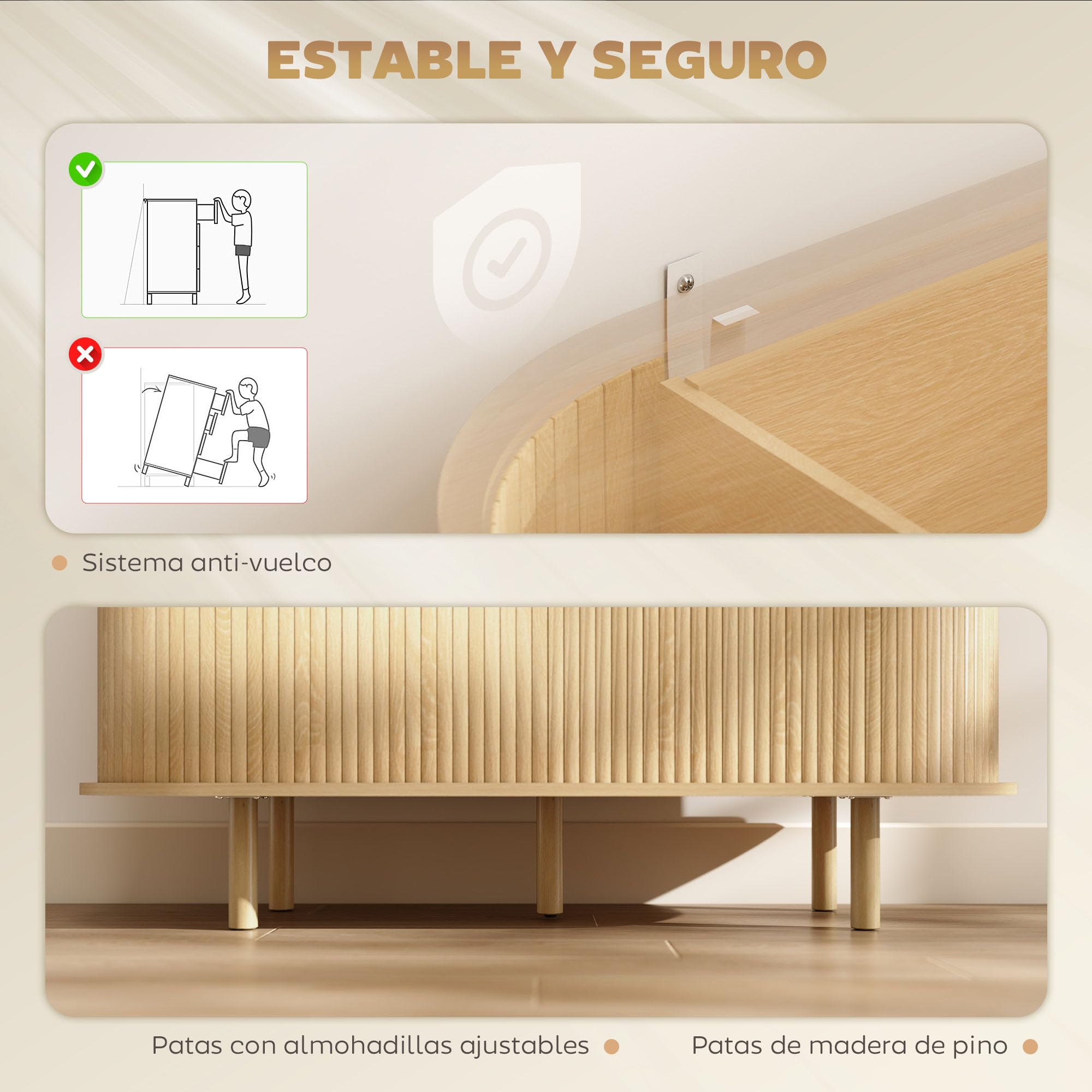 HOMCOM Aparador con Puertas Tambour Deslizantes, Aparador para Salón Moderno, con 4 Compartimentos y Patas de Madera, para Cocina, Entrada, Dormitorio, Roble, 120x40x78 cm