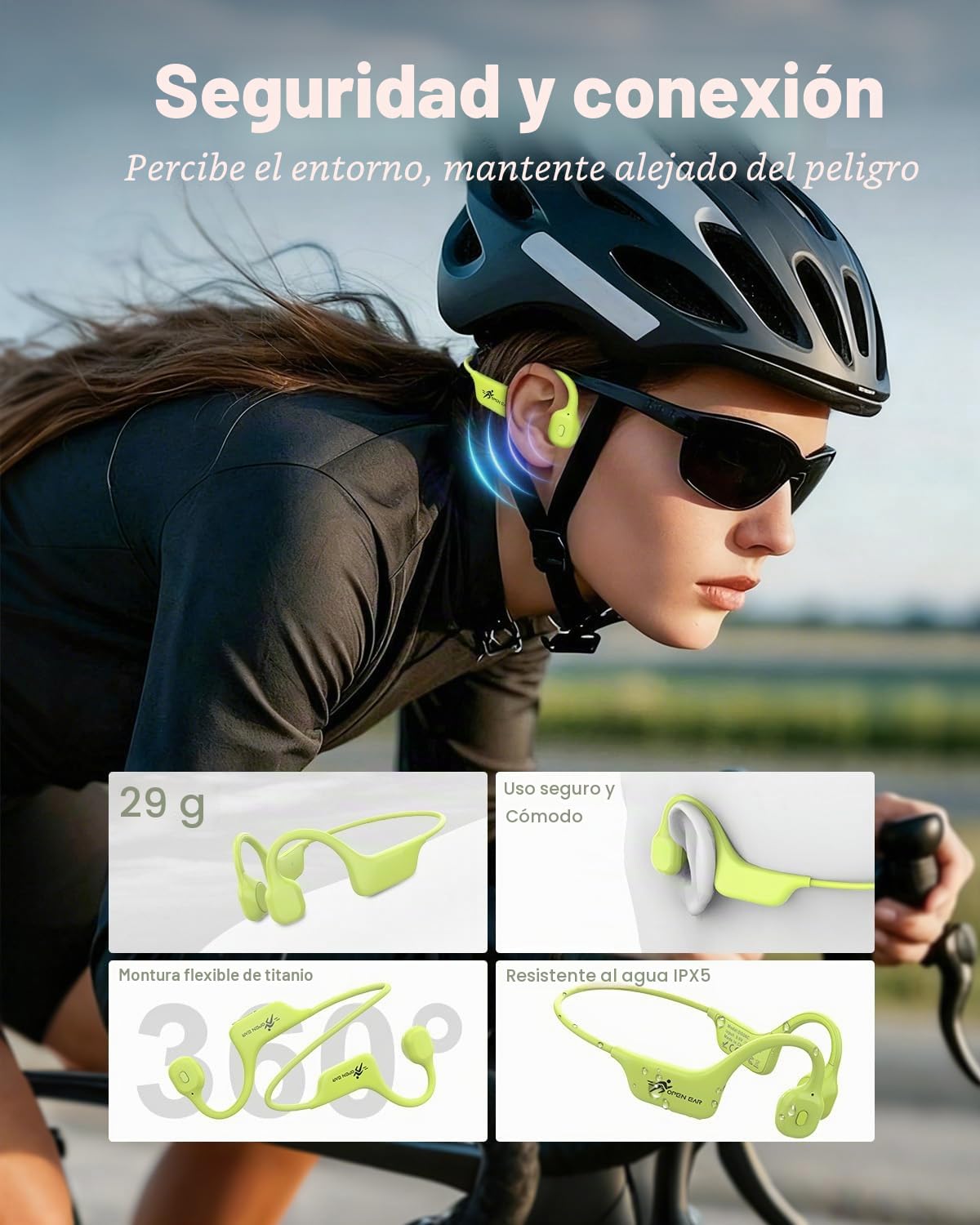 ANSTEN Auriculares Conduccion Osea Bluetooth 5.3, Auriculares Inalambricos Deportivos Impermeables IPX5, Carga Rápida USB-C, Diseño Ultraligero para Ciclismo, Running e Fitness(Verde)