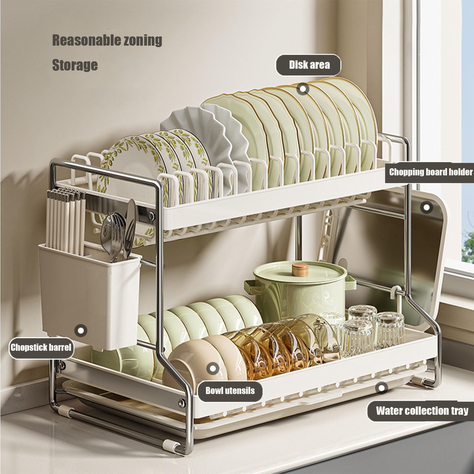 Escurridor de platos de acero inoxidable de 2 niveles con bandeja de goteo, soporte extraíble para cubiertos y cesta, organizador de almacenamiento de cocina multifuncional