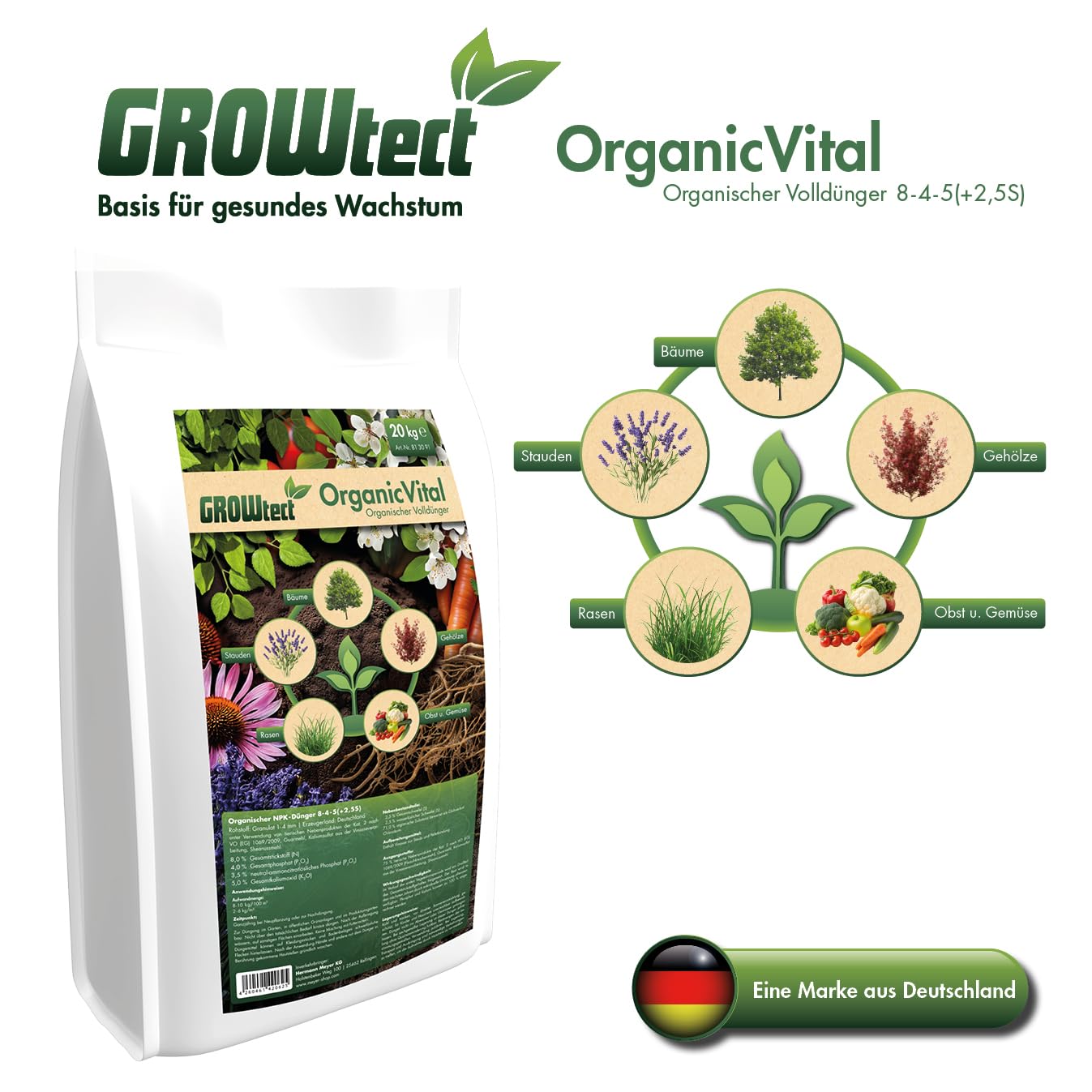 OrganicVital 20kg – Organischer Volldünger NPK 8-4-5 – Profi-Naturdünger für alle Pflanzen, Gemüse & Obst – 100% organischer Pflanzendünger mit Langzeitwirkung & aktiviert den Boden