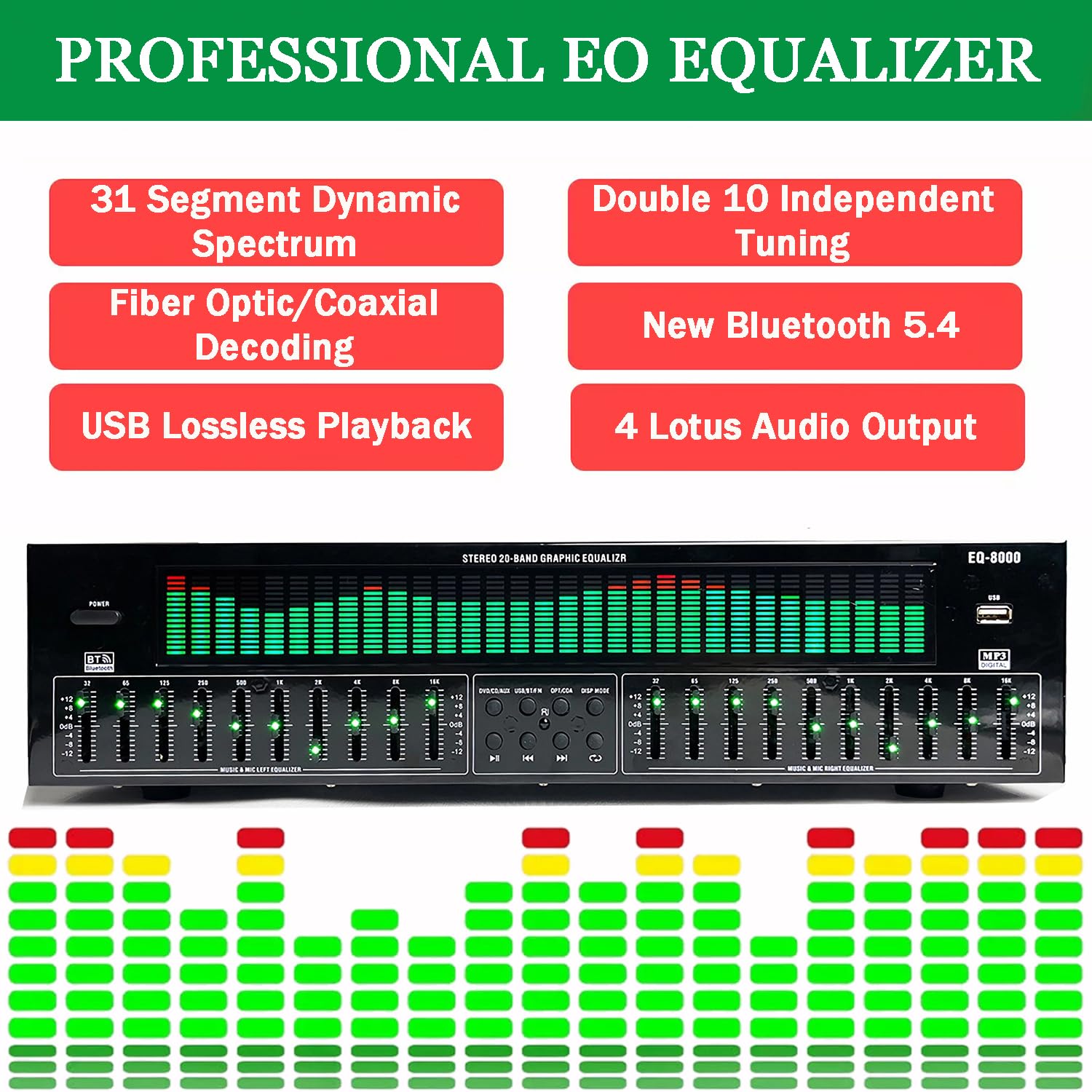Ecualizador Gráfico Hi-Fi, Analizador De Espectro De 31 Bandas, Ecualizador De Audio Óptico Coaxial Bluetooth 5.4, Reducción De Ruido, para Audio Doméstico, Estudio De Grabación
