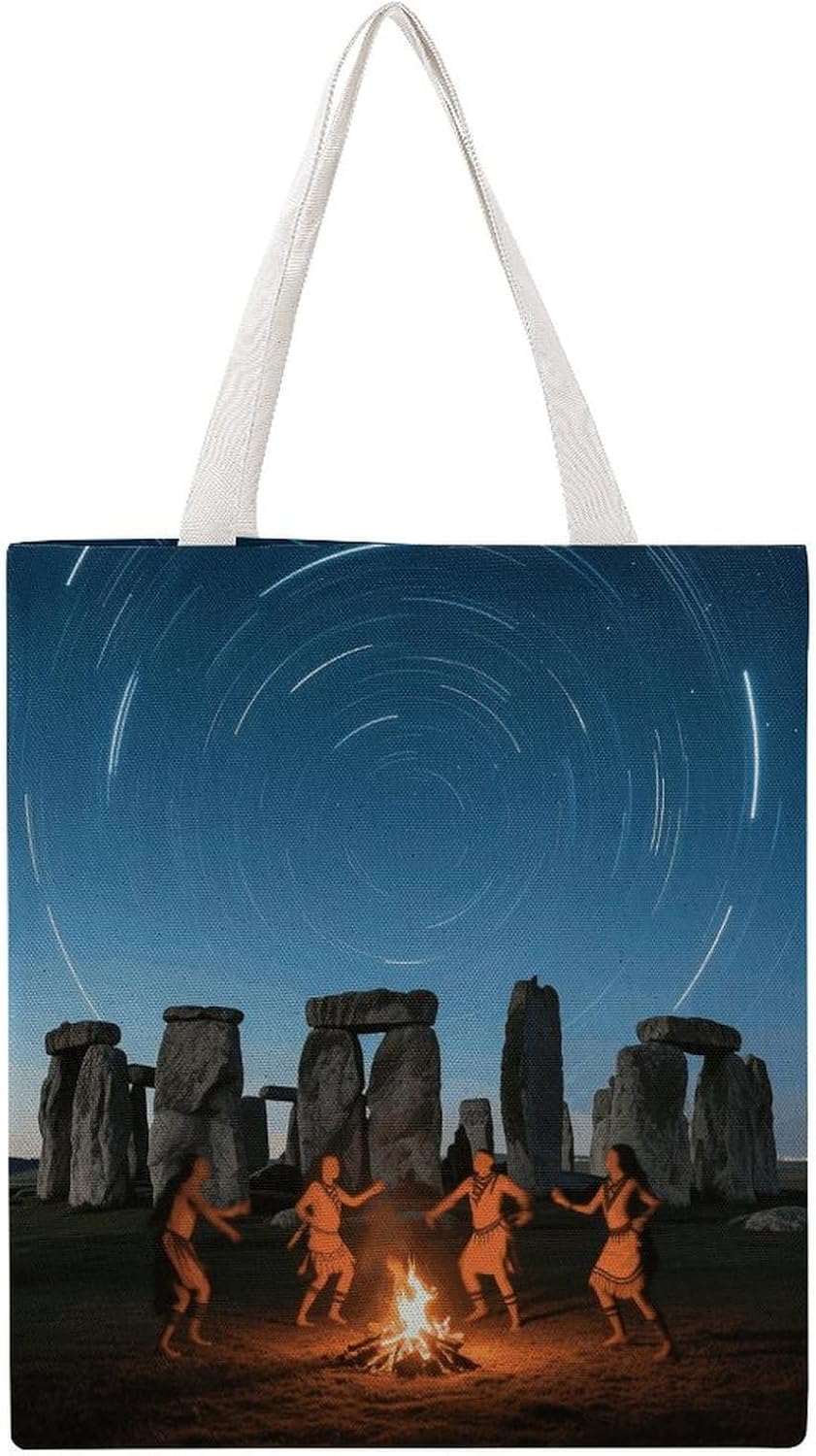 Canvas Tote Bag 16x15 In Lightweight Foldable Shoulder Hobo Purse | Stonehenge Starry Night, Casual Tote with 10" Strap, Everyday Carryall, for Travel Work Grocery Shopping Beach Mark Gym Yoga