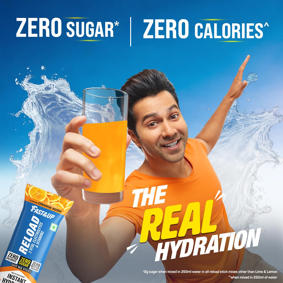 Fast&Up Reload Electrolytes Powder Sachets | Zero Added Sugar Hydration Drink with 5 Essential Electrolytes Vitamin C & B12 | Summer Heat, Workout Recovery, Travel & Wellness | Orange Rush, Pack of 15 Sachets