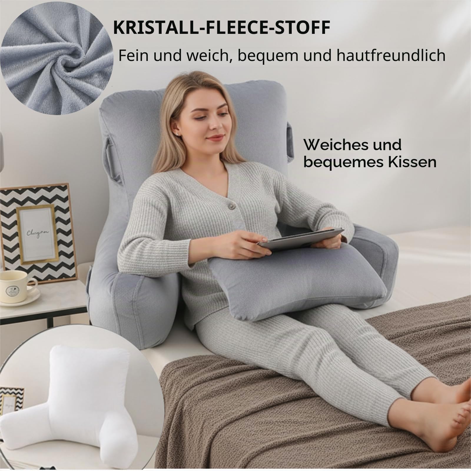 Lesekissen für Erwachsene mit Armstütze und abnehmbarem Nackenkissen – Weiches Velours-Rückenkissen zum Lesen, Fernsehen oder Spielen, mit Seitentaschen und waschbarem Bezug.