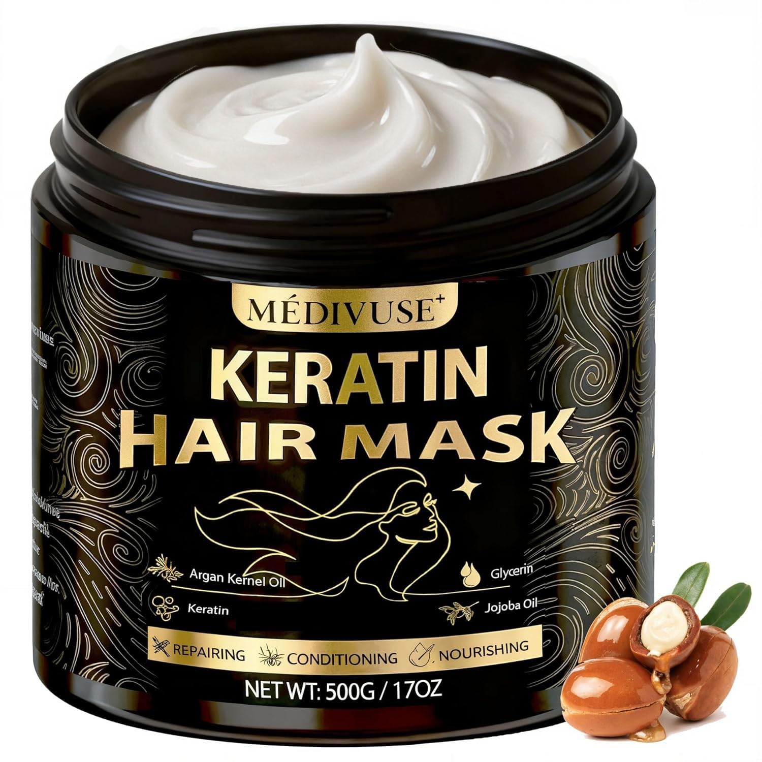 Deep Conditioning Hair Mask - Keratin Mask with Argan Oil - Giant 500ML Size Jojoba Oil Natural Hydrating Repair Hair for Damaged Frizzy Dry Hair Treatment - Fits All Hair Types (17 oz), Argan Oil