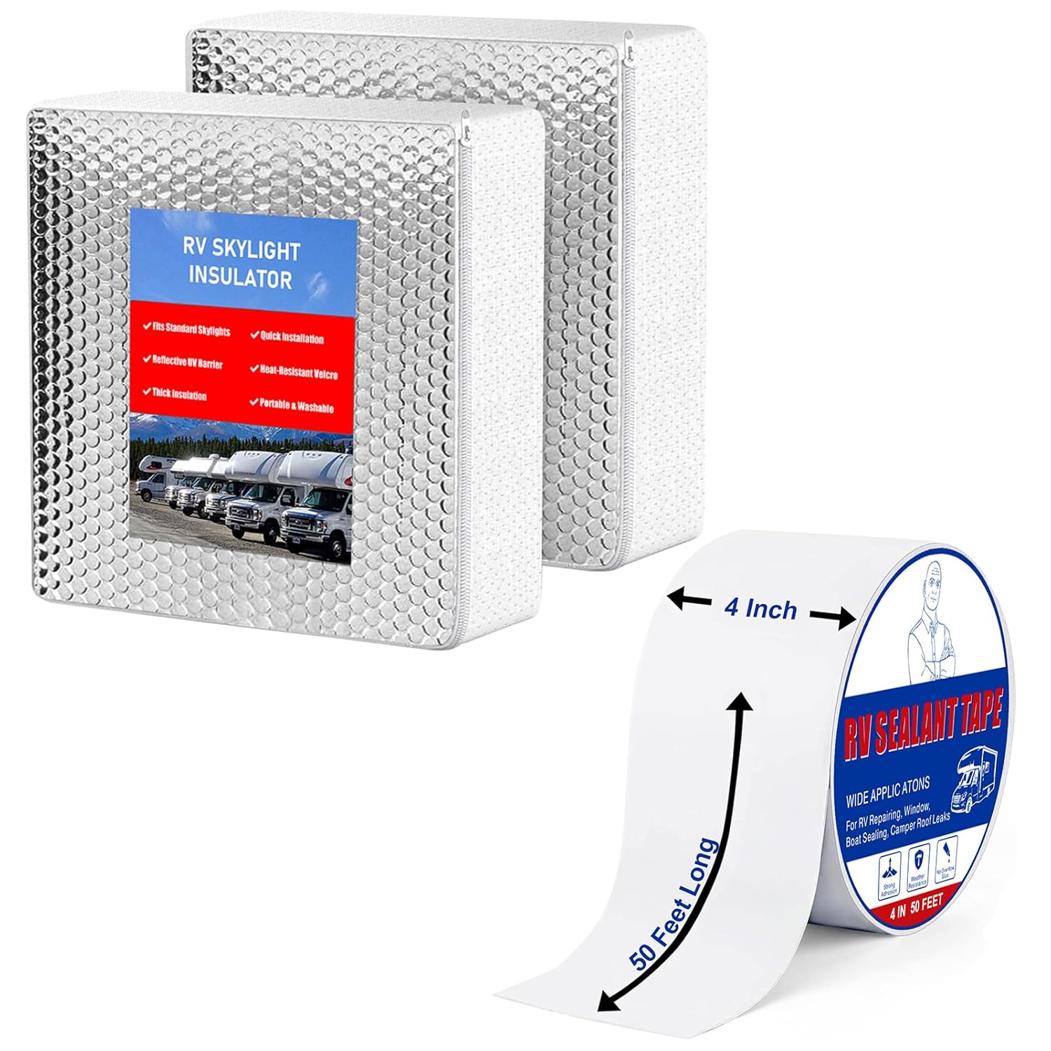 RV Roof Sealant Tape, 4 Inch x 50 Feet RV Repair Tape White Waterproof Seal+RV Skylight Insulator 14"x14"x3", RV Vent Insulator, RV Skylight Cover with Reflective Surface