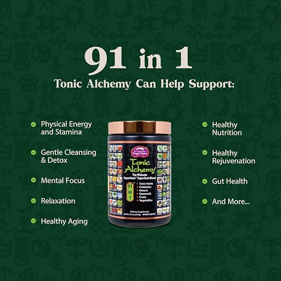 Dragon Herbs Tonic Alchemy Superfood Greens Powder - Single Serve Packet - 91 Ingredients: Tonic Herbs, Ashwagandha, Mushrooms, Prebiotics, Probiotics, Super Greens, Seaweeds, Fruits, Spirulina