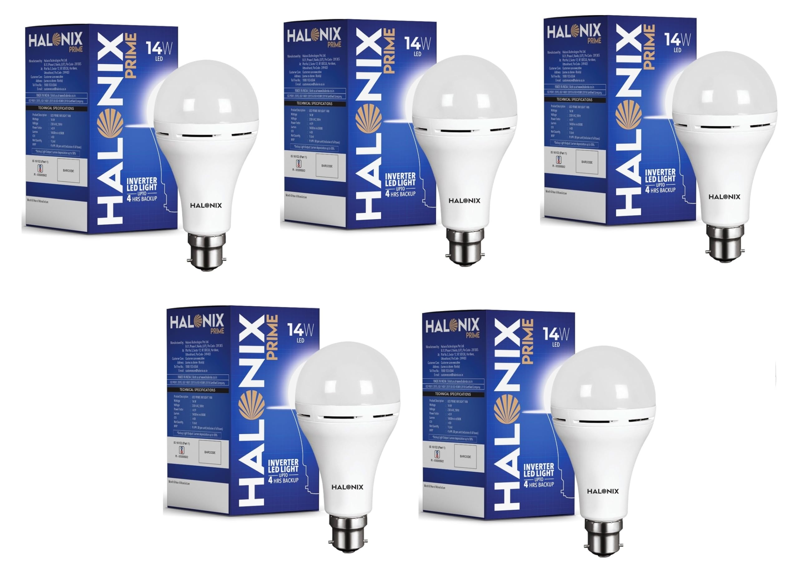 Halonix 14W Rechargeable Emergency Inverter LED Bulb | Emergency Light | Upto 4 Hours Battery | B22D | 1 Year - Warranty (Pack of 5, White)