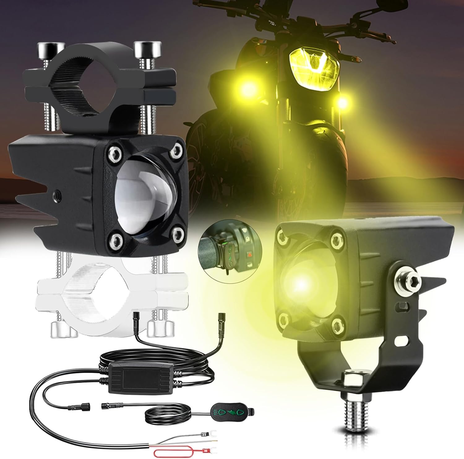 Windance 2pcs 24W Auxiliary LED Driving Spotlight Foglight Work Lights High Low Beam White Yellow DRL Super Bright for Motorcycle Scooter ATV UTV Tractor Truck Boat (Yellow)