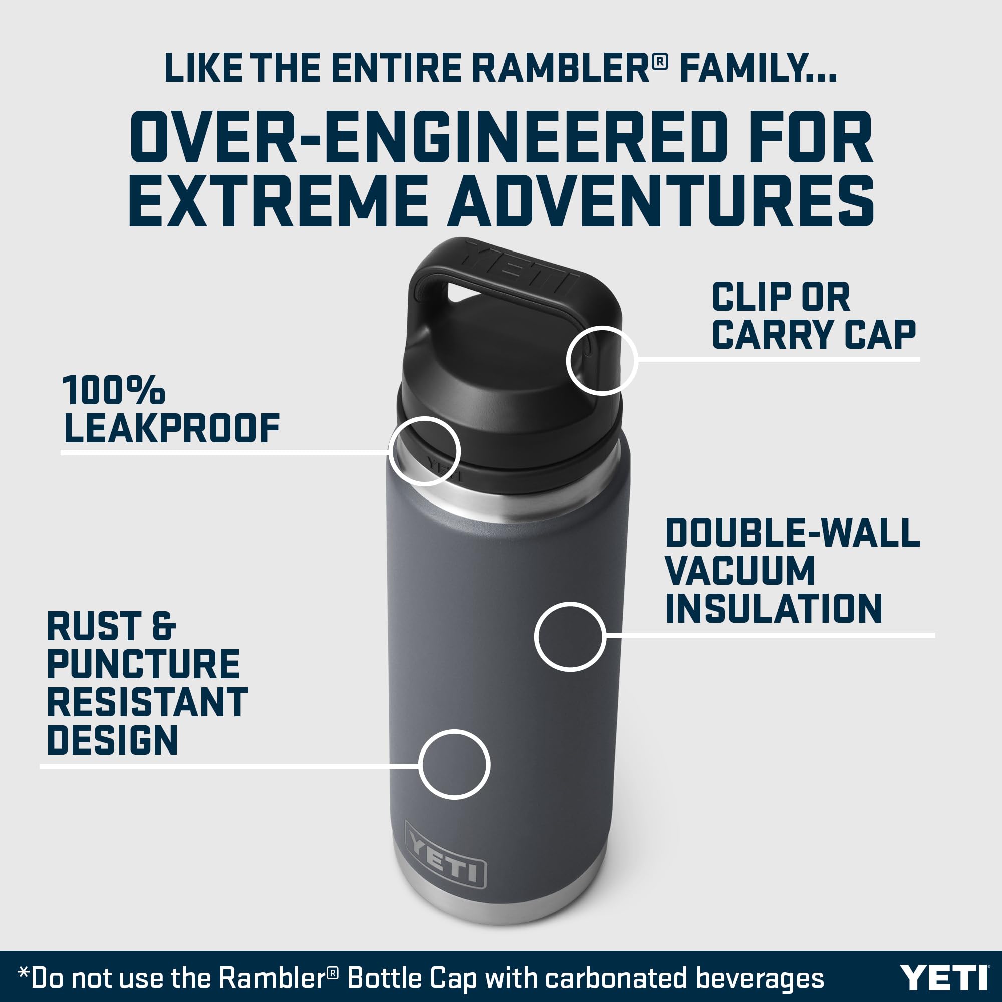YETI Rambler Bottle Chug, botella de acero inoxidable aislada al vacío con tapa a prueba de fugas, carbón, 769 ml