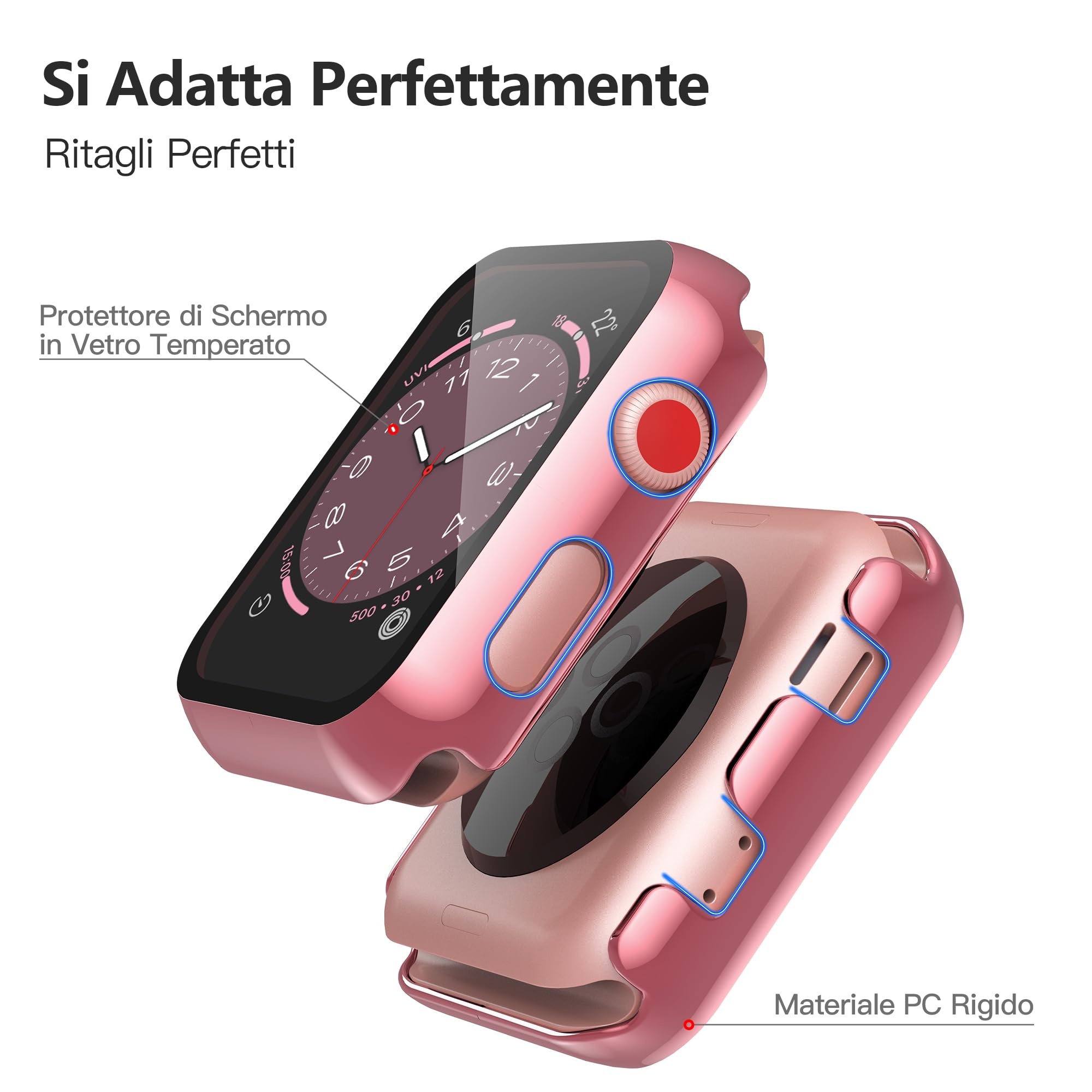 Recata 2 pezzi custodia con protezione schermo in vetro temperato compatibile con Apple Watch Serie 8 Serie 7 45 mm protezione iWatch leggera e antiurto, 1 rosa pink+ 1 trasparente