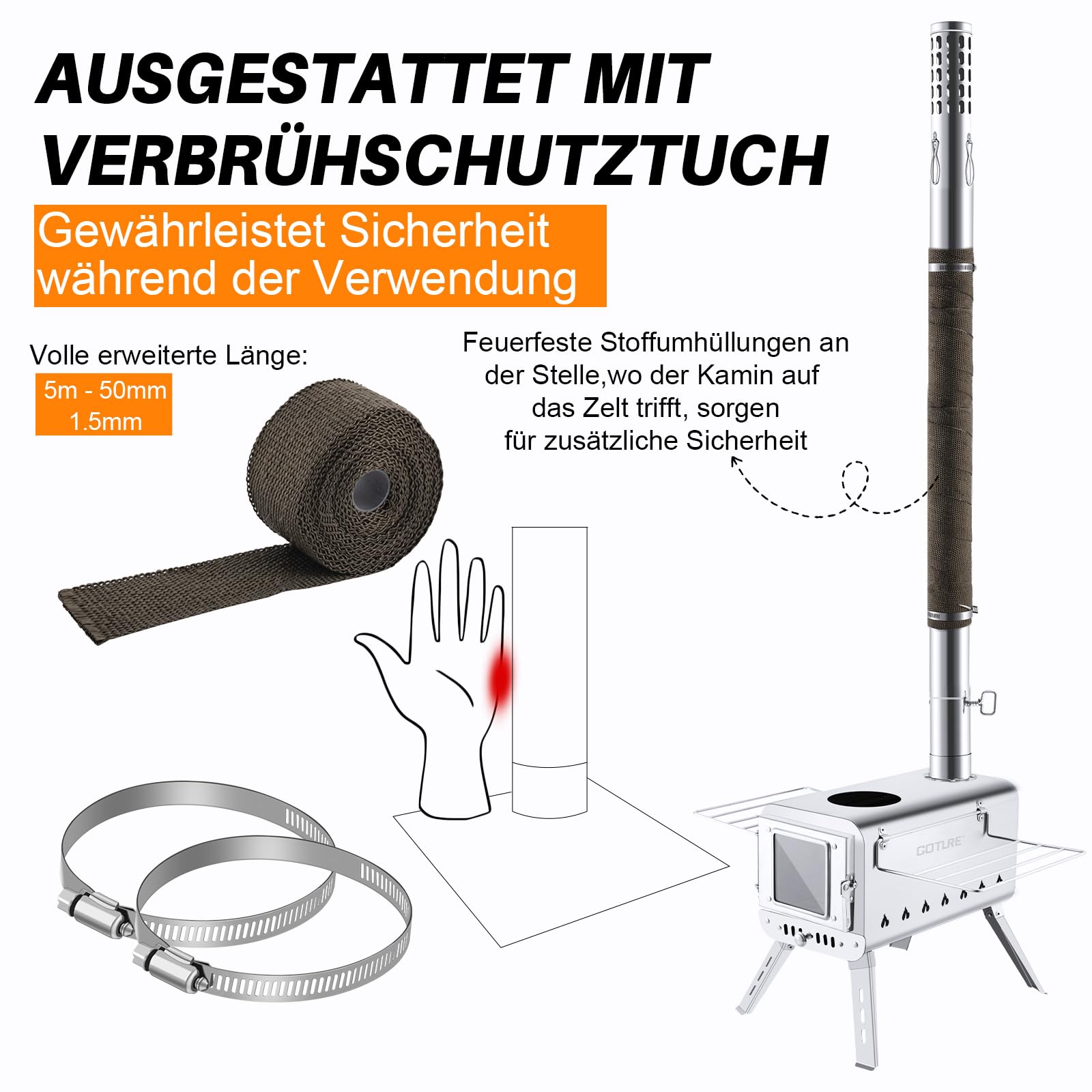 Goture Zeltofen Tragbarer Campingofen mit Sekundärverbrennung | Holzofen aus 1.5mm Edelstahl | Für Zelt, Garten, Outdoor | Mit Ofenrohr & Schutzhülle