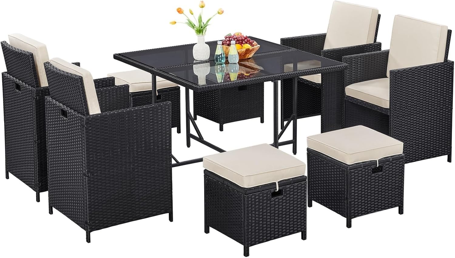 9-Piece Patio Dining Sets Outdoor Space Rattan Chairs with Glass Table Wicker Sectional Conversation Furniture Set with Removeable Cushions for Backyard Porch