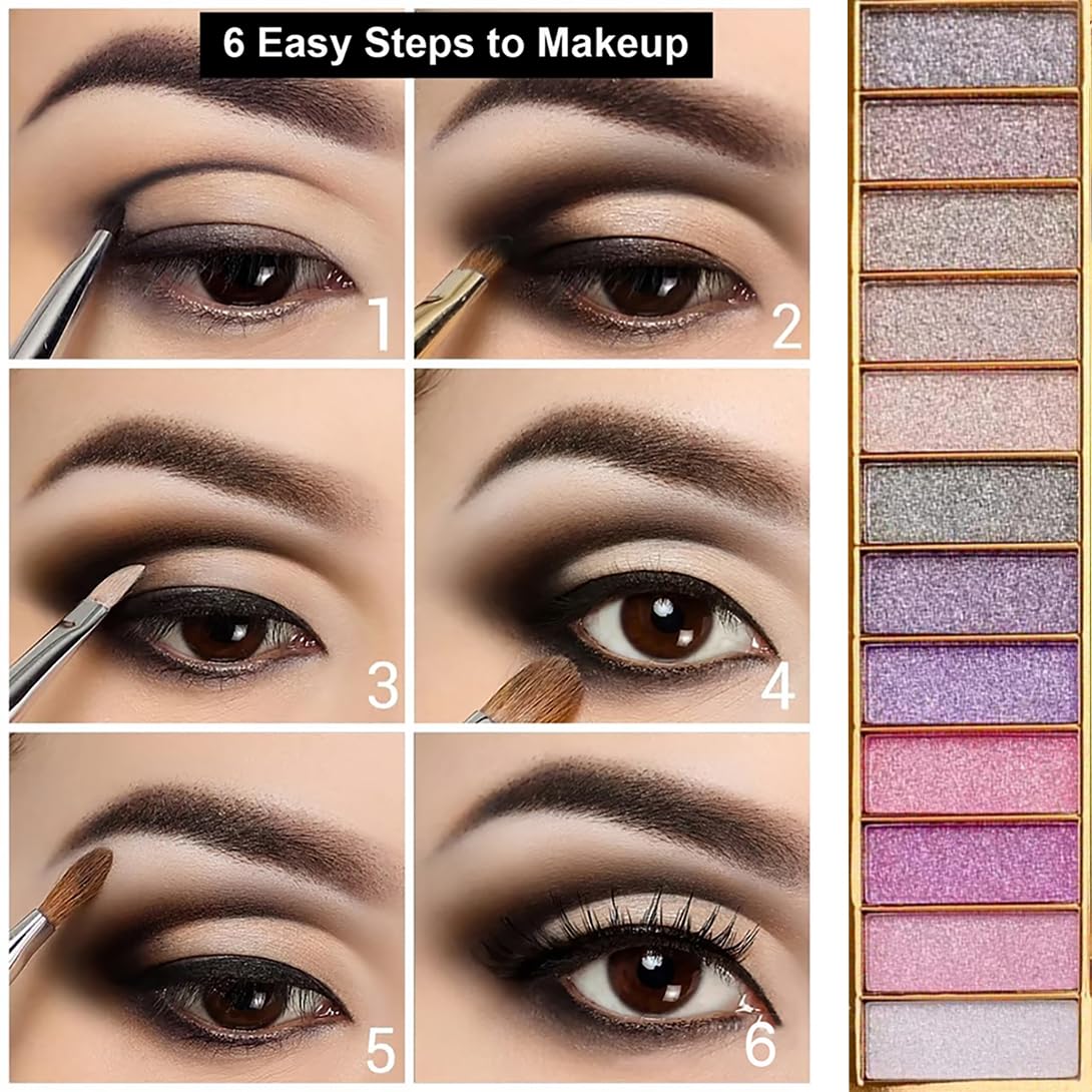 Paleta de sombras de ojos con purpurina, 12 colores, impermeables, brillantes, paletas de maquillaje con espejo de pincel, paleta de sombras de ojos pigmentadas altamente brillantes para citas, 5