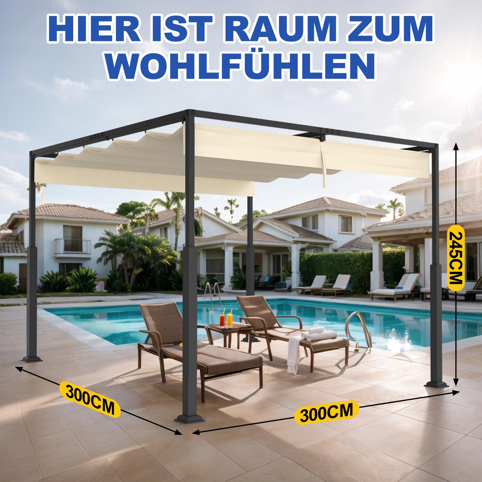 Soontrans Pergola mit Verstellbarem Schiebedach 3 x 3 m, Deine Terrassenüberdachung Freistehend für Entspannung, Pavillon mit Stahlgestell & Magnetbefestigung, Sonnenschutz für Garten Pool (Creme)