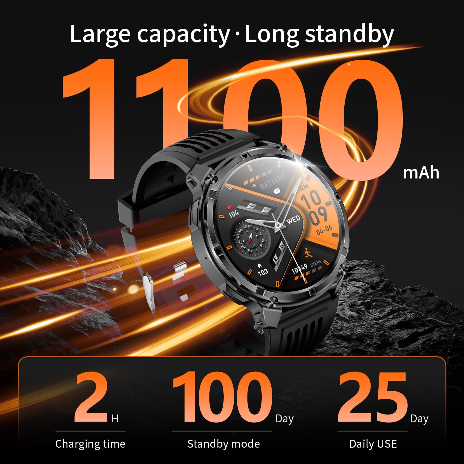 Mens Smart Watch for Android Phones and iPhone,Military Sport Smart Watches for Men Fitness Tracker Watch with Flashlight/Compass/Waterproof/100 Days Battery/Heart Rate/Sleep/100+ Sport Modes