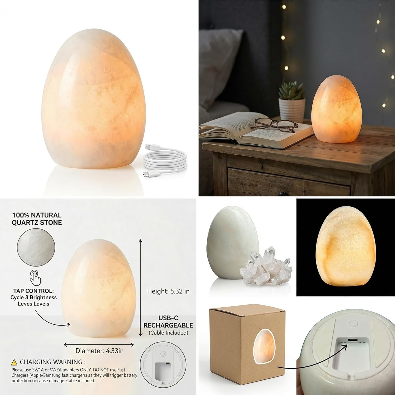 Lierlava100% Natural Quartz Stone Lamp, 2.4lbs Heavy Cordless Table Lamp, 8mm Translucent Zen Ambient Light, 3-Way Dimmable Touch Battery Operated Nightstand Decor