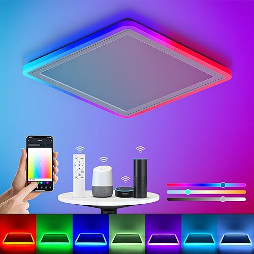 Annaror Smart LED Ceiling Light WiFi, 13in RGB Flush Mount Lighting Fixture with Remote, Compatible with Alexa Google Home, Low Profile Ceiling Light for Bedroom, Kitchen, Square White