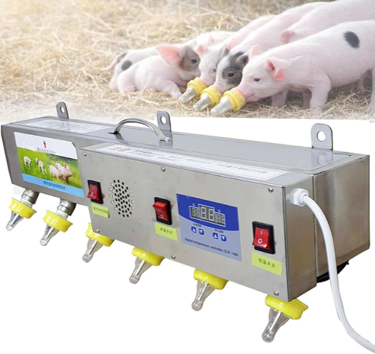 Automatic Constant Temperature Milk Feeder, Stainless Steel 6 Nipple Piglet & Lamb Feeding Station, Wall Mounted Animal Milk Drinker with Sound Simulation for Farms and Ranches