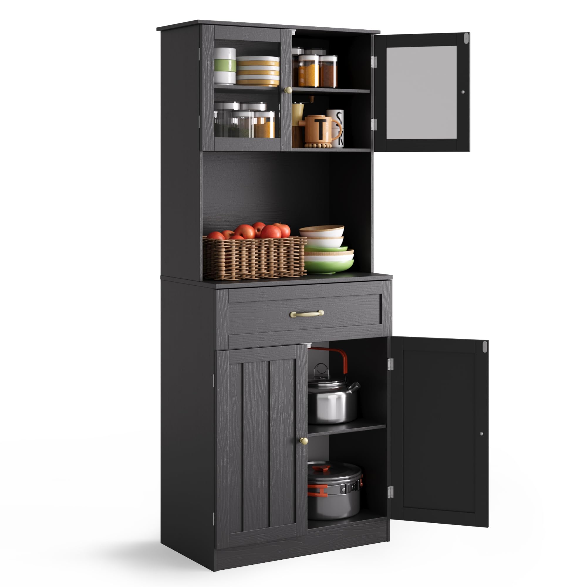 Haute Buffet,Admoire de Cuisine,Sideboard avec Portes en Verre, tiroir, Trou pour câbles et étagères réglables en Hauteur, pour Cuisine et Salle à Manger, 180x73x40 cm,Noir