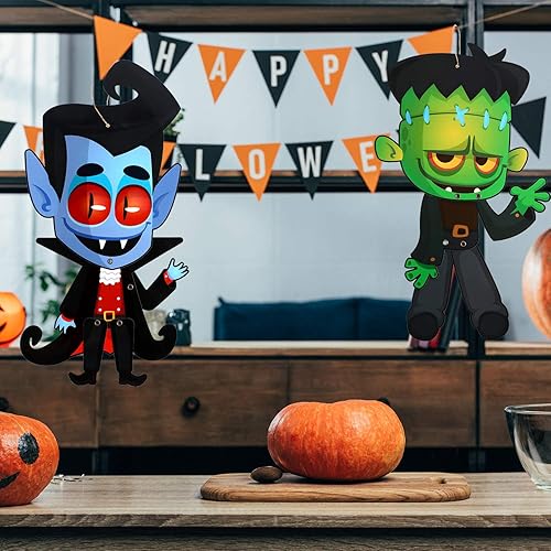 Miniatura 8 de Sumind 4 juegos de decoración divertida de Halloween para fiesta de Halloween, figuras articuladas, colgador de puerta de Halloween, carteles