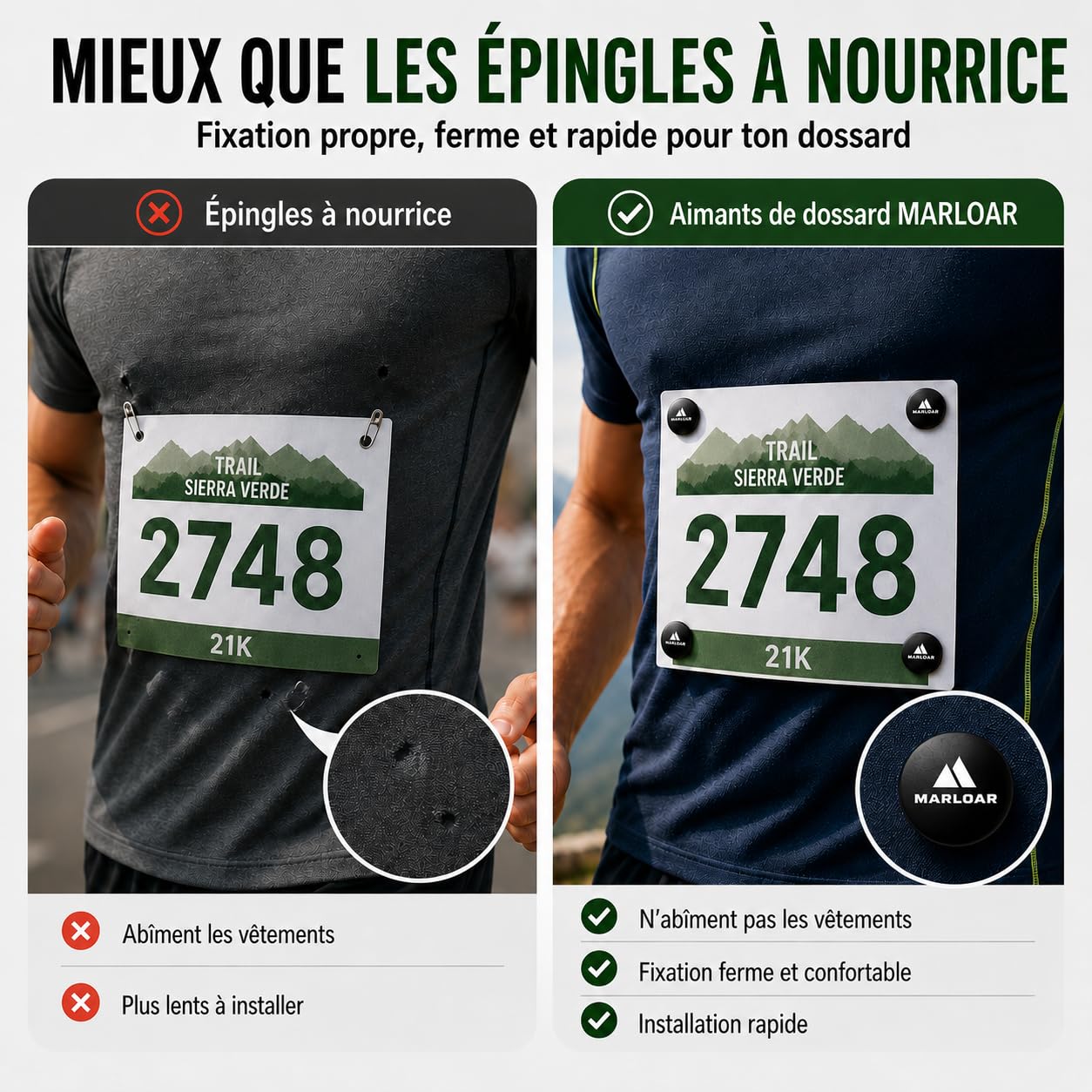 Lot de 4 et 6 aimants dorsales pour course à pied, trail, marathon et triathlon, fixation ferme sans épingles, ne perce pas le maillot, lot de 4 et 6