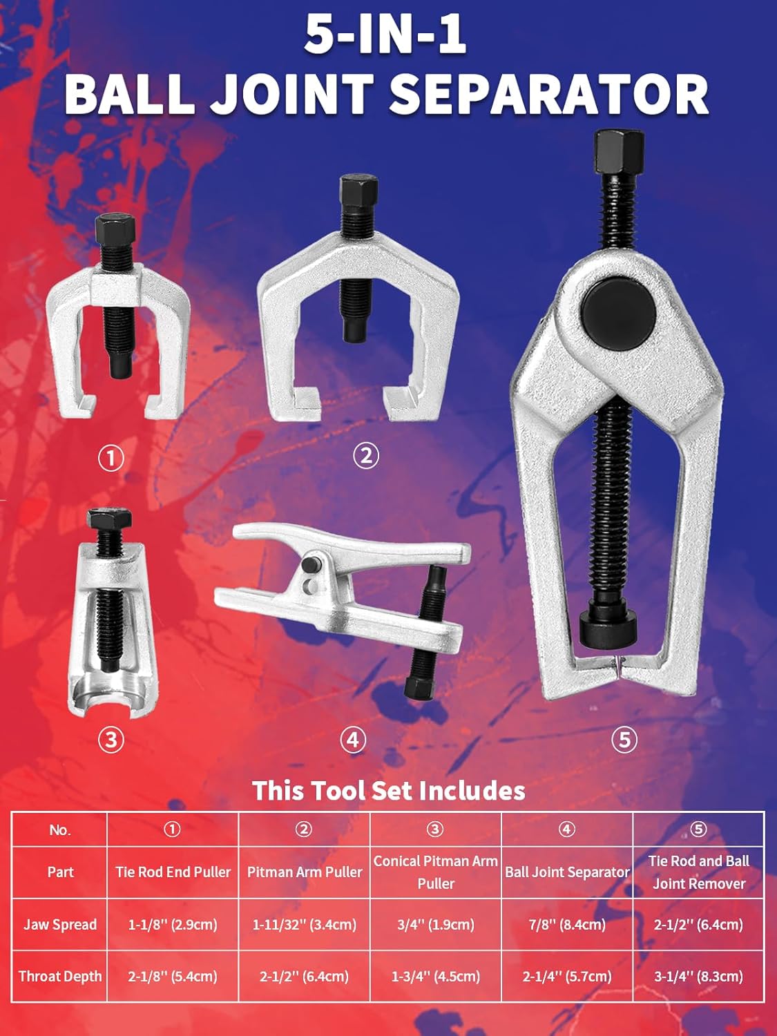 Ball Joint Separator 5 PCS Front End Service Tool Kit Pitman Arm Puller Tie Rod Removal Tool for Front End Service Ball Joint Press Kit