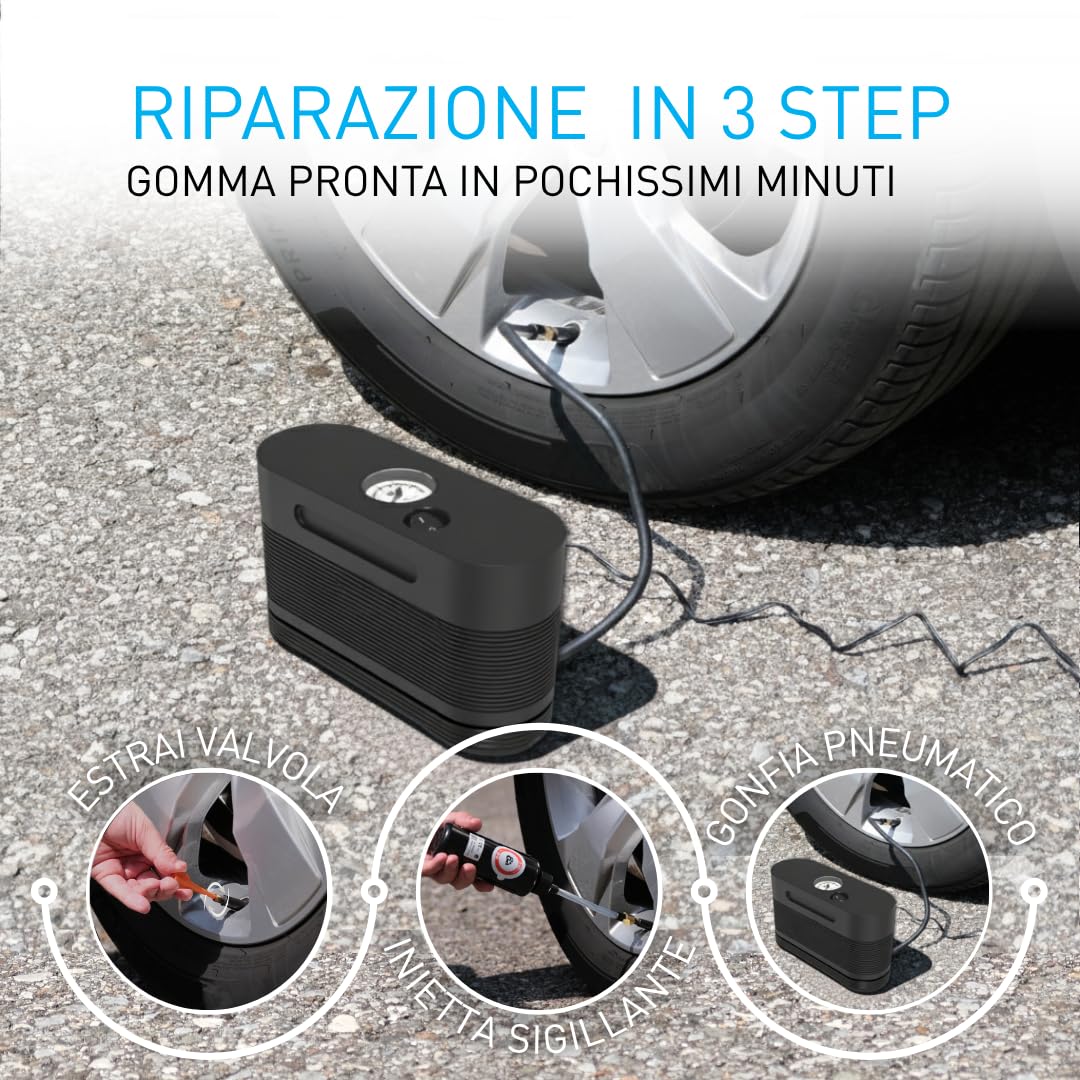 Fix&Go AIR Kit Riparazione Pneumatici Auto con Compressore Aria Portatile 12V, Kit Gonfiaggio e Ripara Gomme Forate, Sigillante Ecologico Safe TPMS, Qualità Svizzera Approvato OEM per Auto e SUV