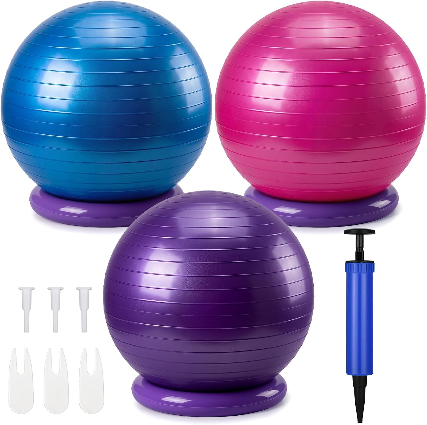 Jerify 3 Set Pilates Yoga Ball Chair 26 inch Ergonomic Exercise Ball Chair with Stability Base for Home Office Desk Sitting or Workout, Improving Posture & Relieving Back Pain (Blue, Pink, Purple)