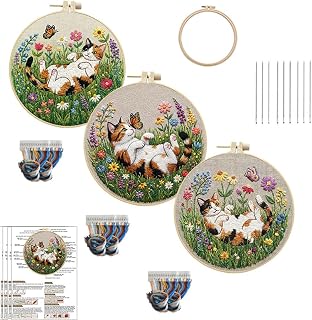 MULTIONS 3 Pack Embroidery Kit for Beginners,Cross Stich for Adults,Embroidery Starter Kits with Pattern,Hoop,Neeldes,Scissor(Cat and Butterfly)