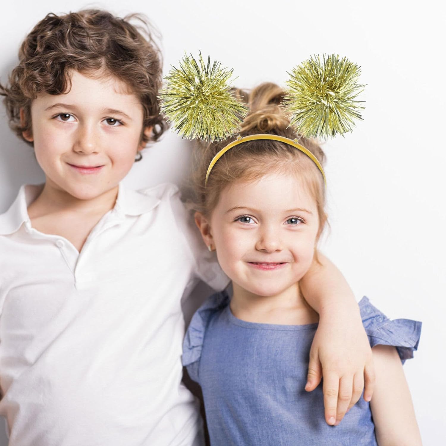 minkissy Pom Pom Headband, 2pcs Tinsel Headbands Cute Boppers Hair Bands Cosplay Party Hair Decoration Tinsel Headdress for Boy Girls, Golden, 19x19cm - Image 7