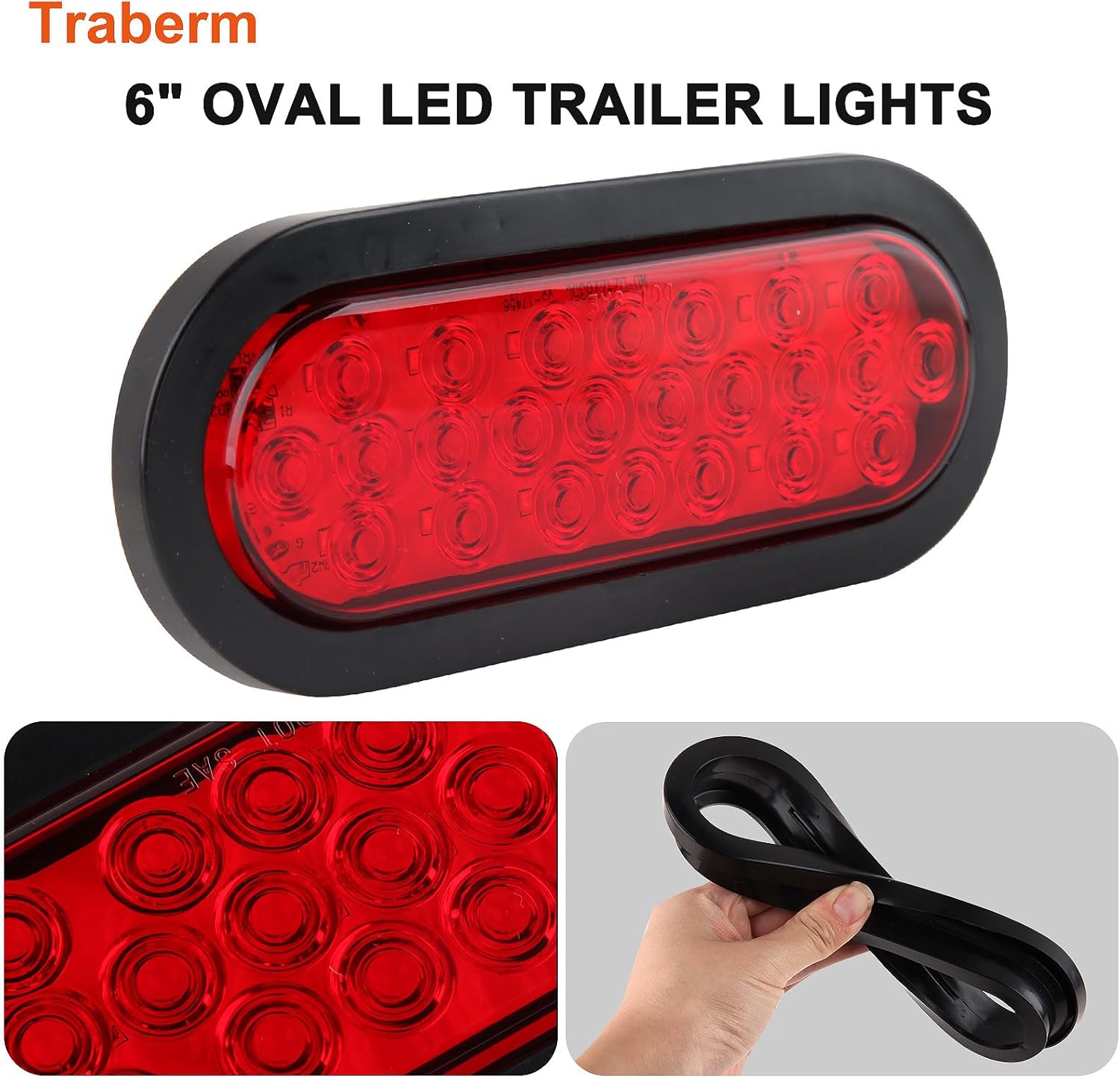 6 Pcs 6 Inch Red Oval Led Trailer Tail Lights 24 LED Grommet Mount, Oval 6" Red Stop Turn Tail Brake Light Rubber Flush Mount Replacement for Trailer RV Trucks Bus Waterproof