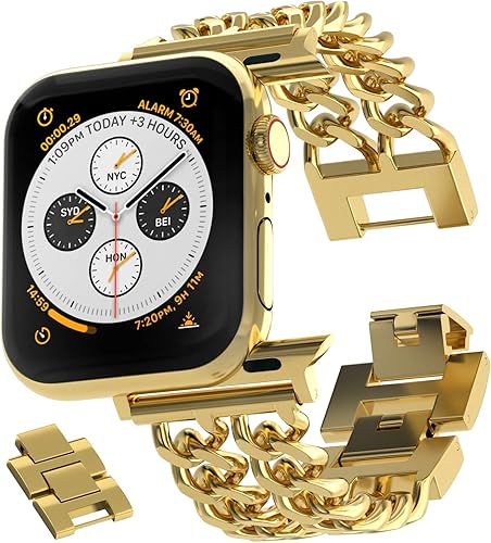 Miniatura 2 de Gold Watch Bands for Women Compatible with Apple Watch Band 38mm 40mm 41mm 42mm 44mm 45mm 46mm 49mm Adjustable Metal Band Cowboy Steel Chain