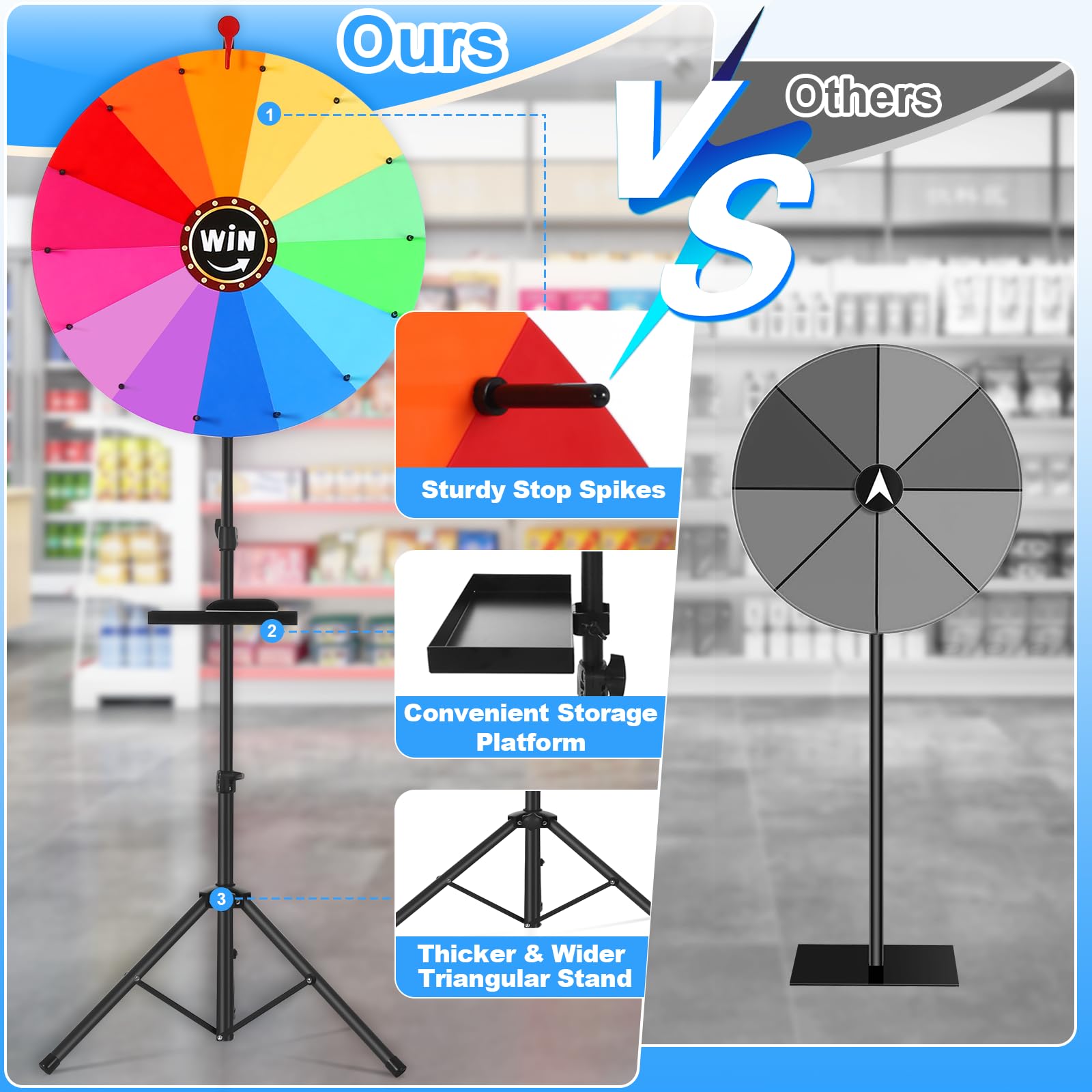 AugFir 61 cm drehendes Preisrad, verstellbar von 94 cm - 165,1 cm Höhe, speicherbares Preisrad-Spinner mit Ständer, Glücksrad, Drehrad für Preise, 14 Slots