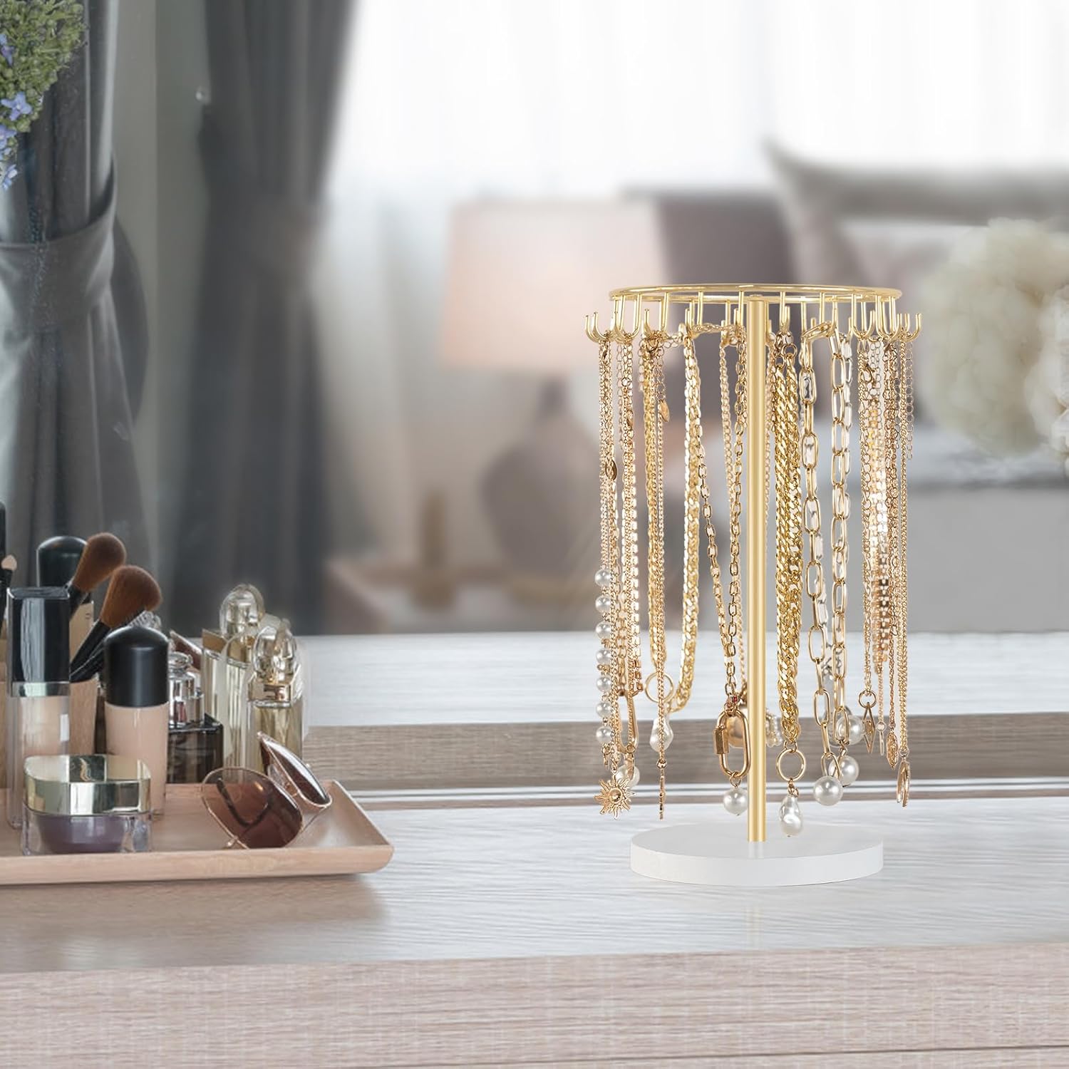 Mkono Necklace Holder Metal Jewelry Display Stand Necklace Organizer with 22 Hooks for Storage and Hanging Bracelet Keychain Home Room Decor for Women,Gold - Image 3