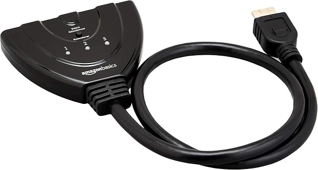 Amazon Basics 3 Port HDMI Switch with Pigtail Cable Supports Full HD 4K@30Hz Video, 3 in 1 Out