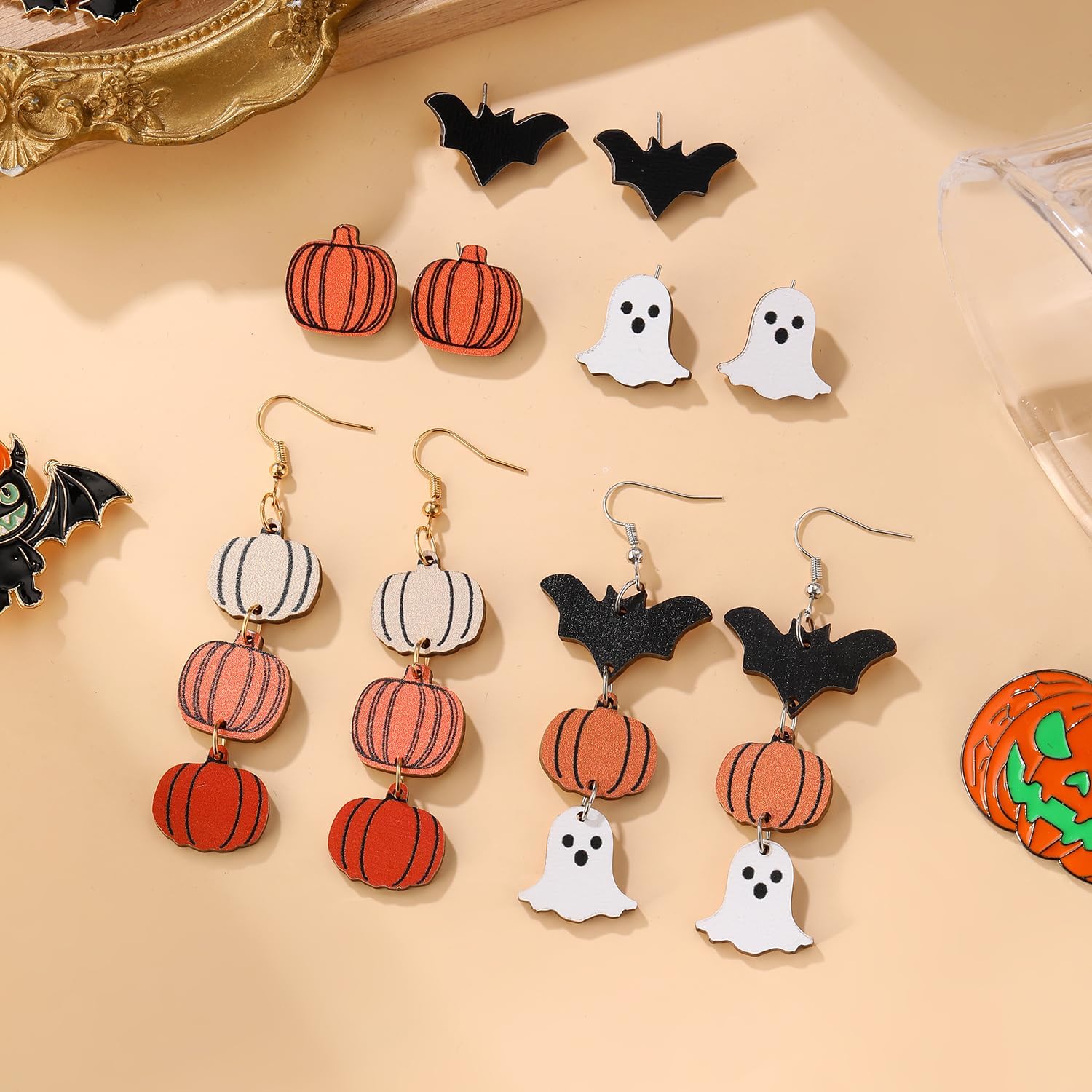 5 Pairs Halloween Earrings for Women Lightweight Wooden Pumpkin Ghost Bat Studs and Spooky Drop Dangle Earrings Holiday Jewelry Set - Image 2
