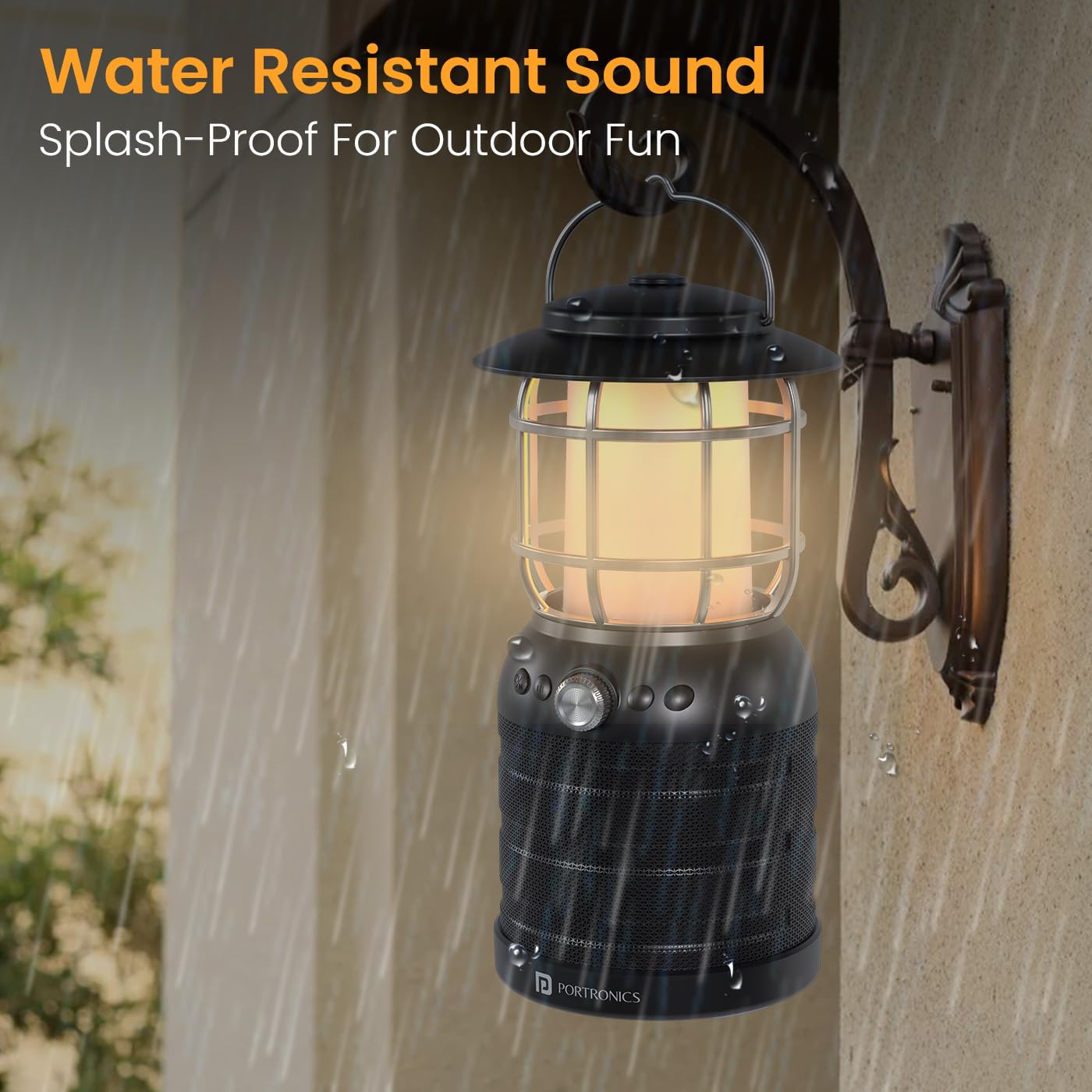 Portronics ilumi II speaker being splashed with water, illustrating its water-resistant feature.